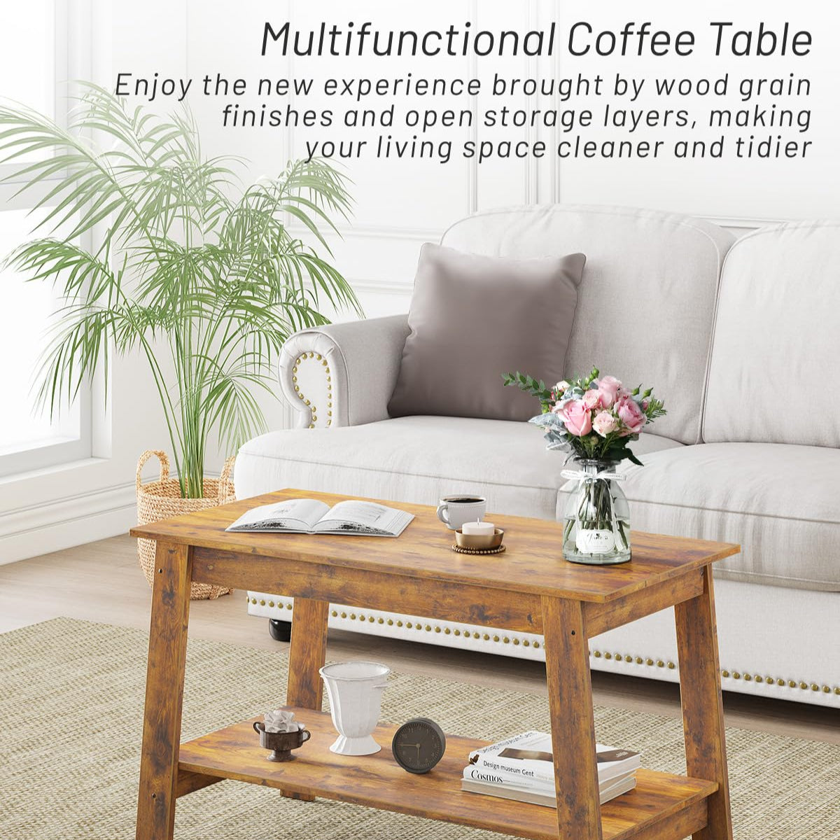 Garvee Coffee Table, 31.49'' Small Living Room Tables, 2-Tier Rustic Coffee Table for Living Room, Modern Farmhouse Style Rectangular Wood Table for Outdoors, Home Office, Bedroom, Apartment, Retro Brown