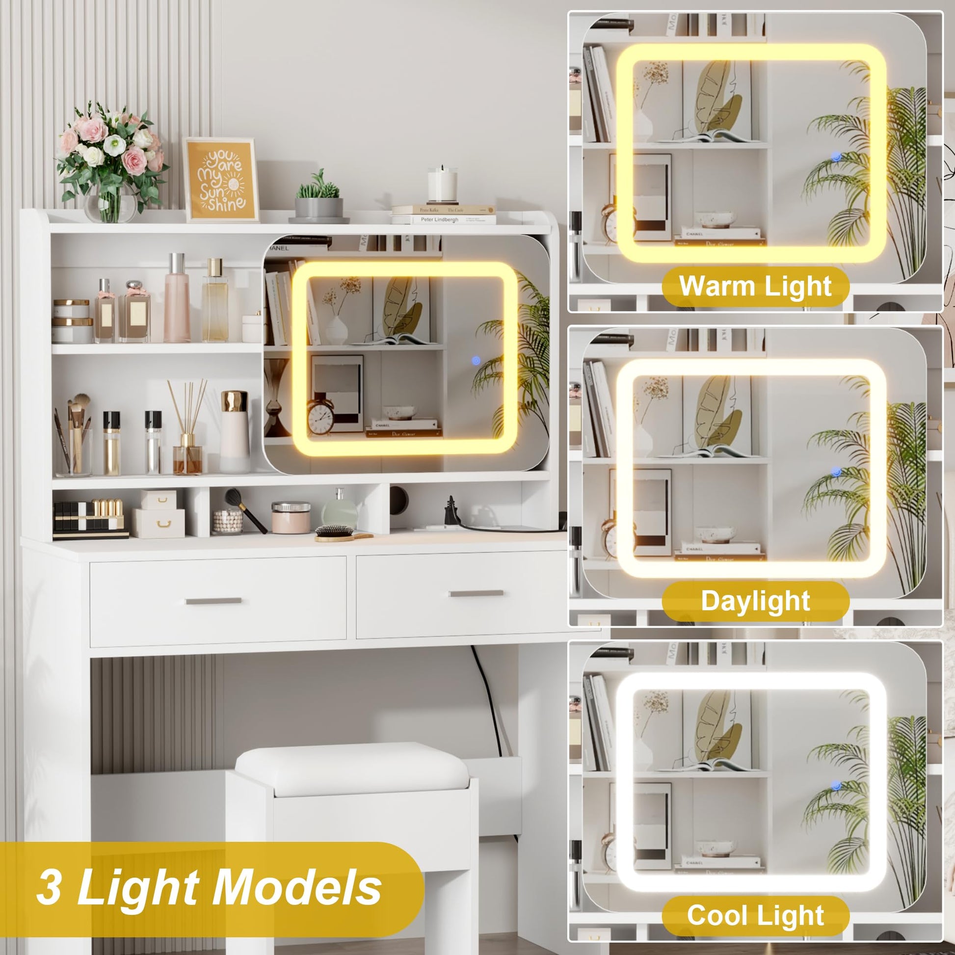 Garvee Vanity Desk with Sliding Mirror, Makeup Desk and Stool with Lights in 3 Colors, Girls Vanity Table with Charging Station, 2 Drawers & Storage Shelves for Bedroom,White