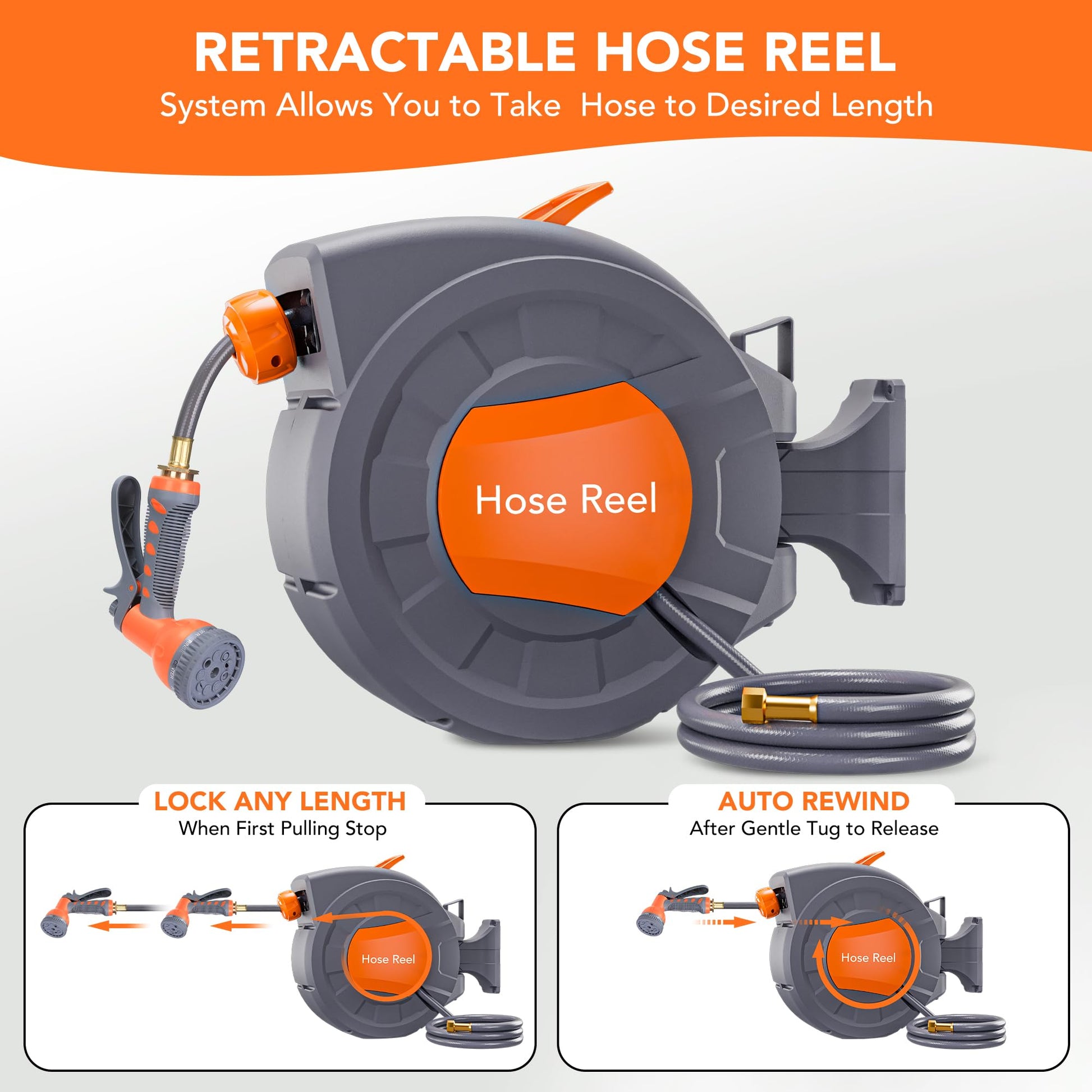 Garvee 1/2 in × 100 ft Retractable Garden Hose Reel, Wall Mount Auto Rewind, 9-Pattern Nozzle