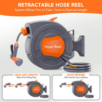 Garvee 1/2 in × 100 ft Retractable Garden Hose Reel, Wall Mount Auto Rewind, 9-Pattern Nozzle