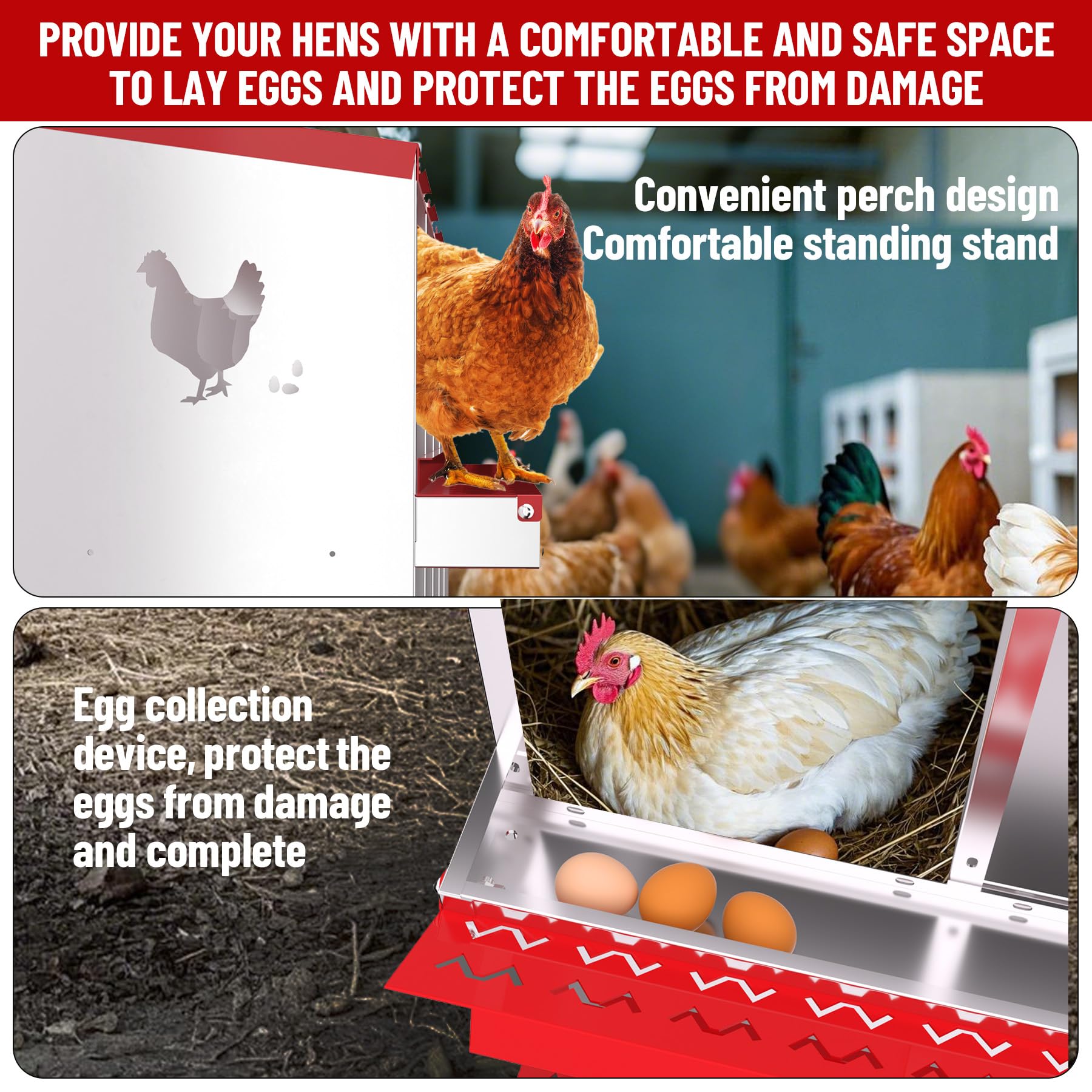 Garvee Nesting Boxes for Chickens, 10 Compartment Chicken Nesting Box with Elevated Metal Legs, Metal Chicken Laying Boxes with Perch, Secure Lid, Versatile Wall Mount or Free Standing for Hens, red
