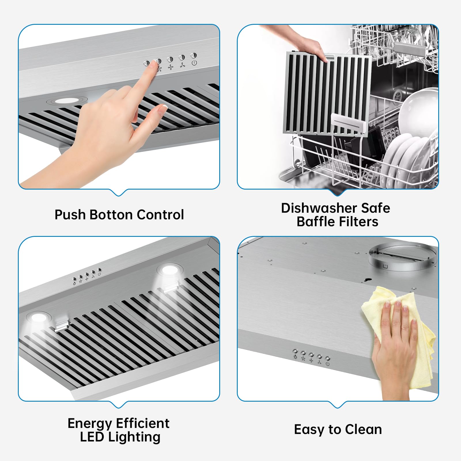 Garvee Range Hood 30 inch, 400 CFM Under Cabinet Range Hood with Strong Suction, Stainless Steel Kitchen Hood with 3-Speed Exhaust Fan and Two Bright LED Lights
