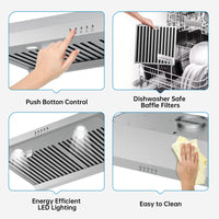 Garvee Range Hood 30 inch, 400 CFM Under Cabinet Range Hood with Strong Suction, Stainless Steel Kitchen Hood with 3-Speed Exhaust Fan and Two Bright LED Lights