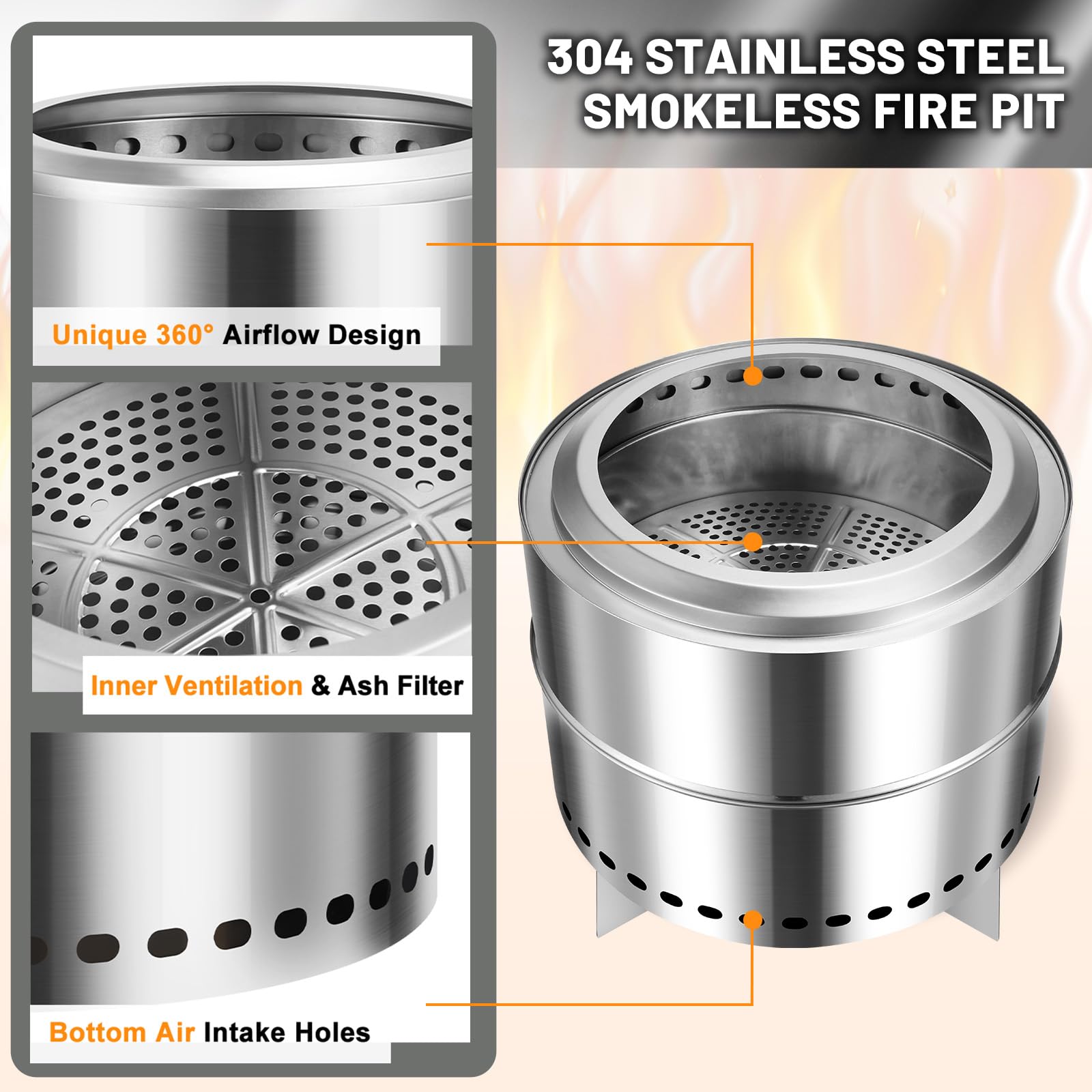 Garvee 20" Portable Smokeless Wood Burning Firepit with Stand Stainless Steel Bonfire Fire Pit for Camping & Picnic, Carry Bag, Split Structure