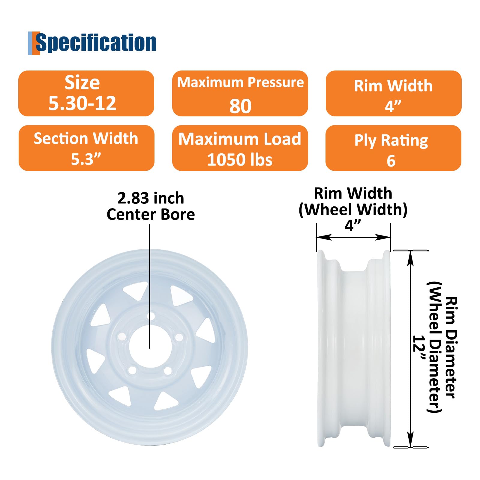 Garvee 5.30-12 Trailer Tire and Wheel Assembly, Heavy-Duty Load Range C 6PR, 12 Inch White Modular Wheel for Utility Boat Camper Trailers, Set of 2