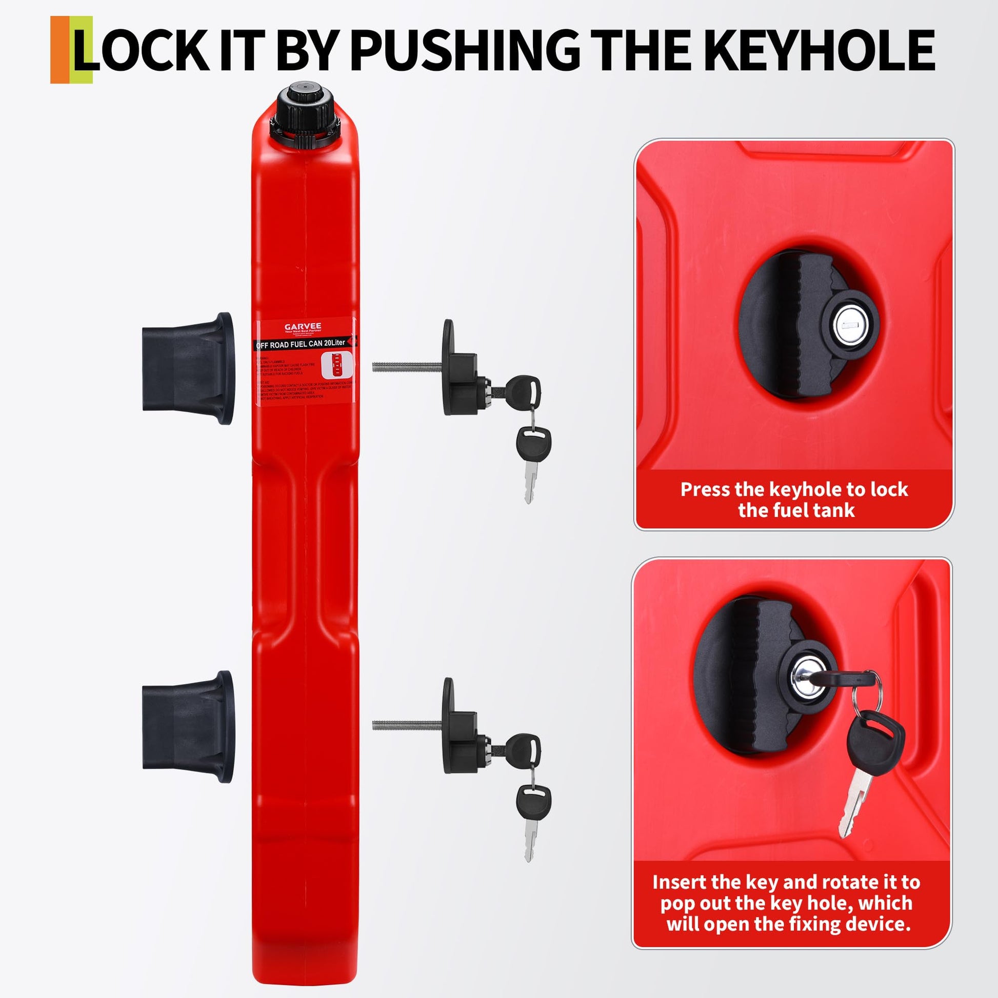 Garvee Heavy-Duty 20L Portable Gas Can for Car, Motorcycle, ATV, UTV – HDPE Fuel Tank with Locking Mounting Bracket, Key Lock, U-Bolt for 1" Tube – Off-Road, US Market, Lockable