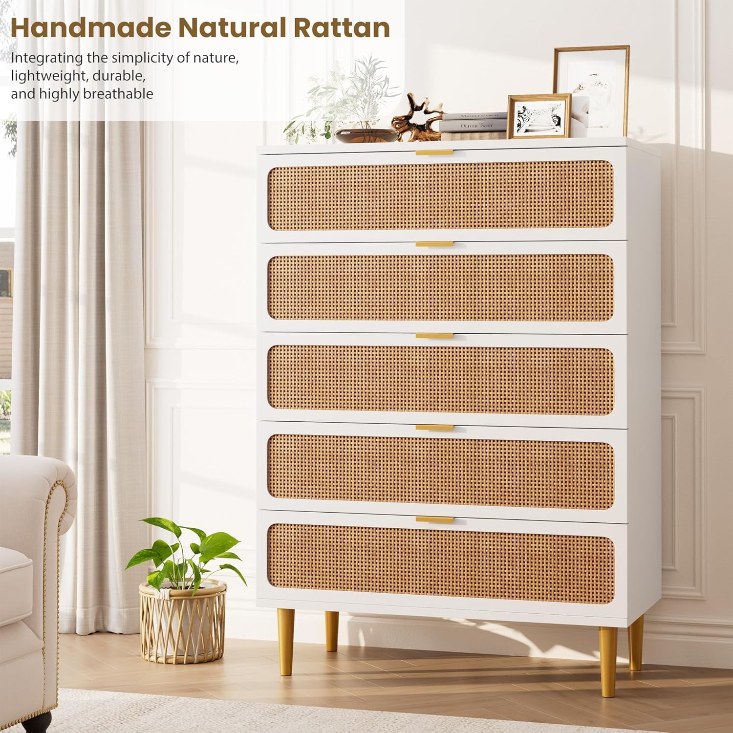 Garvee 5 Drawer Dresser for Bedroom, Rattan Chest of Drawers with Deep Drawers, Large Modern Double Dresser for Closet with Wide Top, Horizontal Wooden Dresser for Living Room, Hallway, Kids Room, Natural