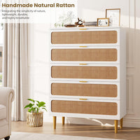 Garvee 5 Drawer Dresser for Bedroom, Rattan Chest of Drawers with Deep Drawers, Large Modern Double Dresser for Closet with Wide Top, Horizontal Wooden Dresser for Living Room, Hallway, Kids Room, Natural