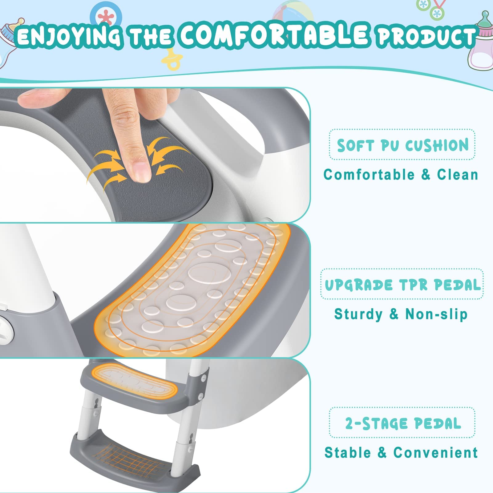 Garvee Potty Training Seat, Height Adjustable Toddler Toilet Seat for Kids Boys Girls, 2 in 1 Potty Training Toilet, Splash Guard Anti-Slip Pad Step Stool