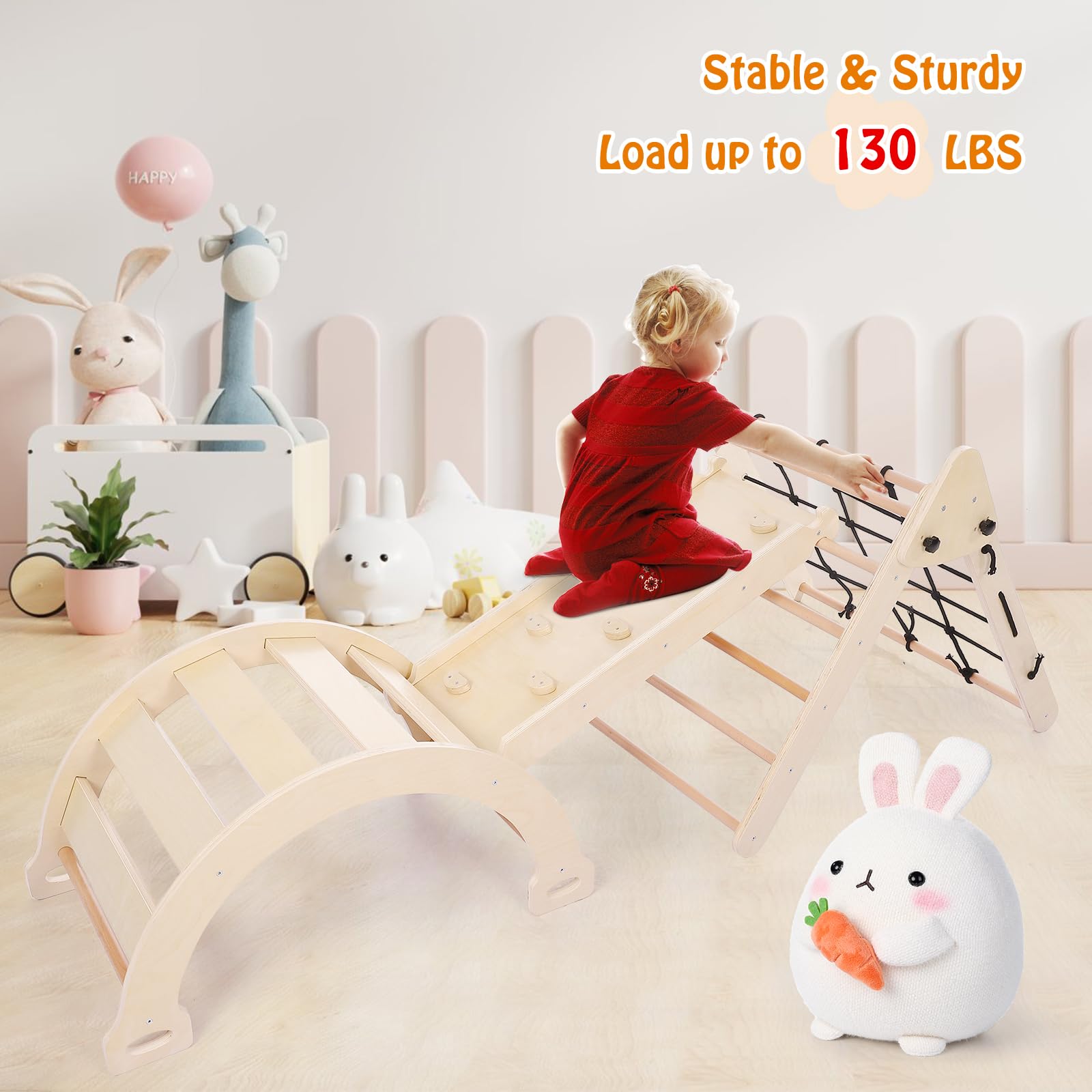 Garvee 3 in 1 Toddler Climbing Set, Jungle Gym for Toddlers - 3PCS Wooden Gym Playset with Triangle Folding Climbing Structure for Indoor Climbing and Sliding Fun