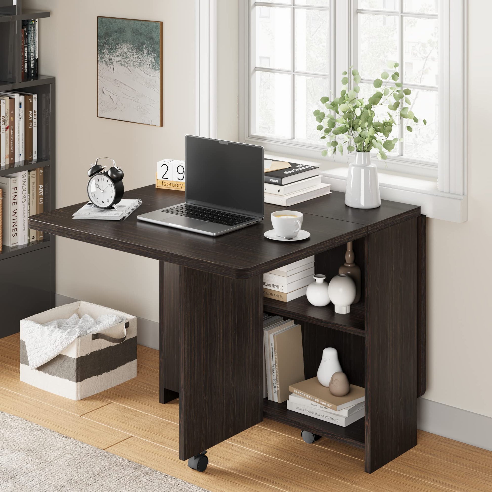 Garvee 51.1" Folding Dining Table, Drop Leaf Dining Table for 4, Foldable Kitchen Table with 2 Storage Shelf, 6 Wheels, Movable Space Saving Dining Tables for Small Spaces, Dark Walnut, Large