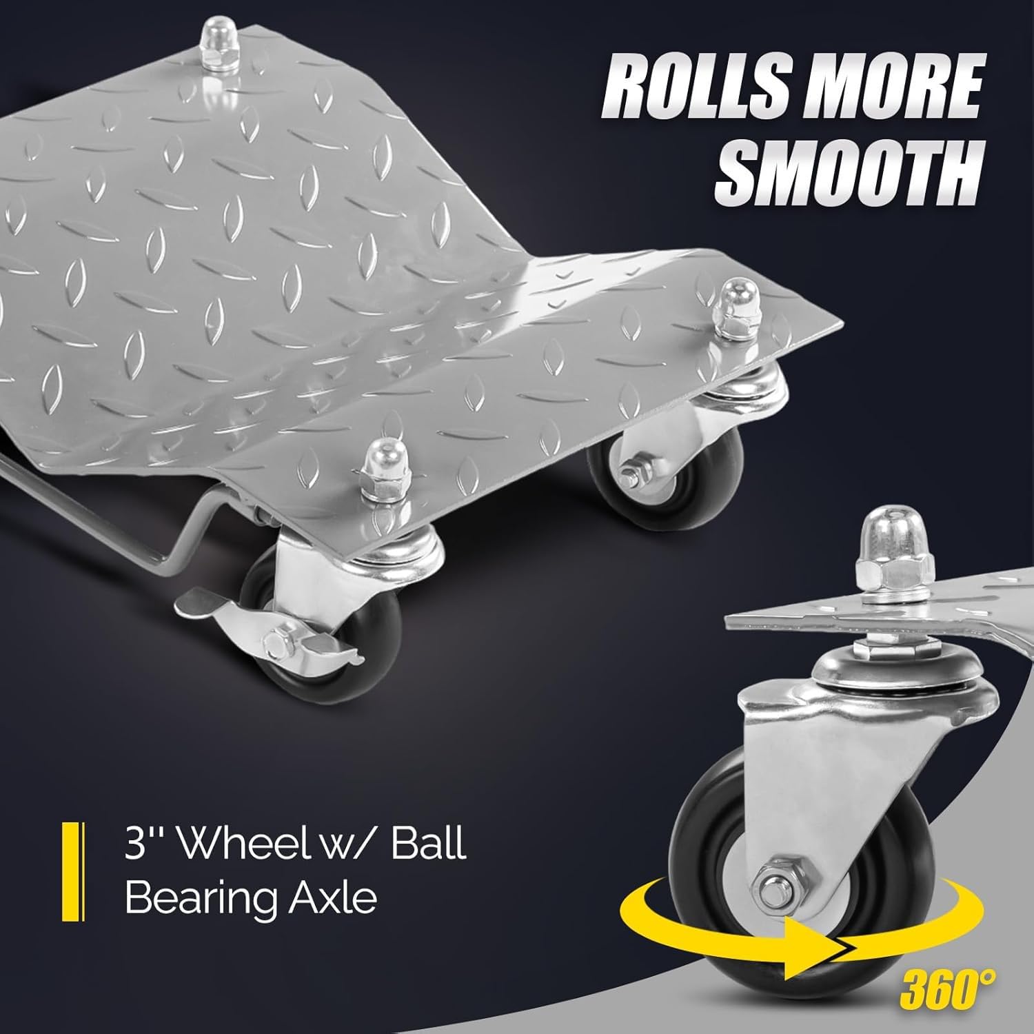 Garvee 2 Items 4 Tire Wheel Dolly Car, Premium Manganese Steel, 3000 Lbs Capacity, Heavy Duty, Antiskid & Recessed Design, 360° Rotatable Wheels, Silver