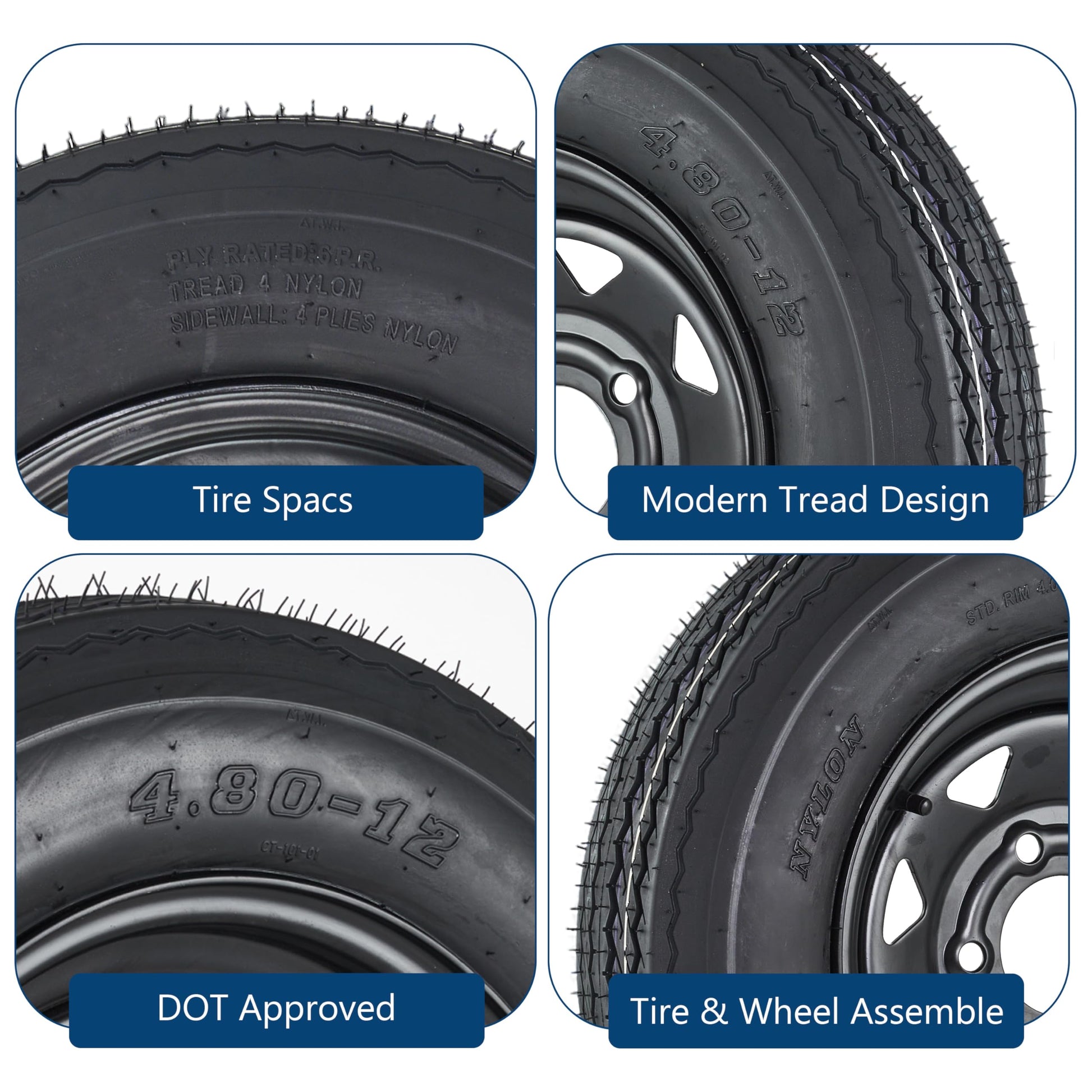 Garvee 4.80-12 Trailer Tires with 12 in Rims, 5 Lug, Load Range C, Multi-Function Lawn Mower & Tractor Tires, Black, 2 Pack