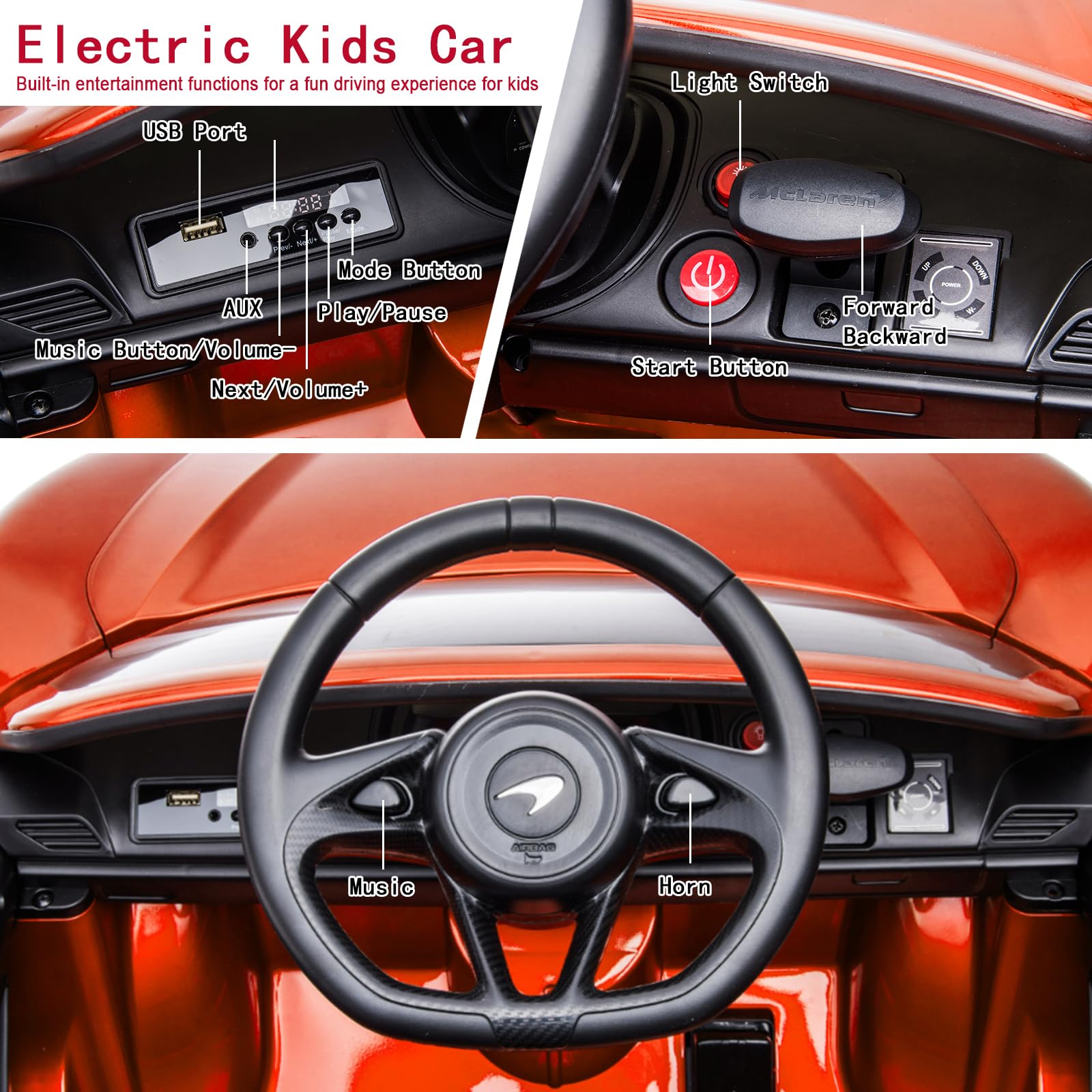 Garvee Ride - P Series: 12V Kids Ride on Car, Licensed Mclaren Battery Powered Electric Car with Remote Control, 3 Speeds, Bluetooth Music, Horn, LED Lights, 4-Wheel Ride on Toys - Orange