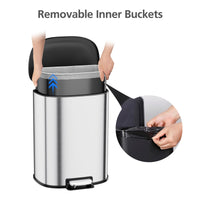 Garvee D-Shape Kitchen Trash Can 50L/13.2 Gal, Smudge Resistant Step-On Garbage Can with Lid, Stainless Steel Trash Bin with Removable Buckets, Soft-Close Lid