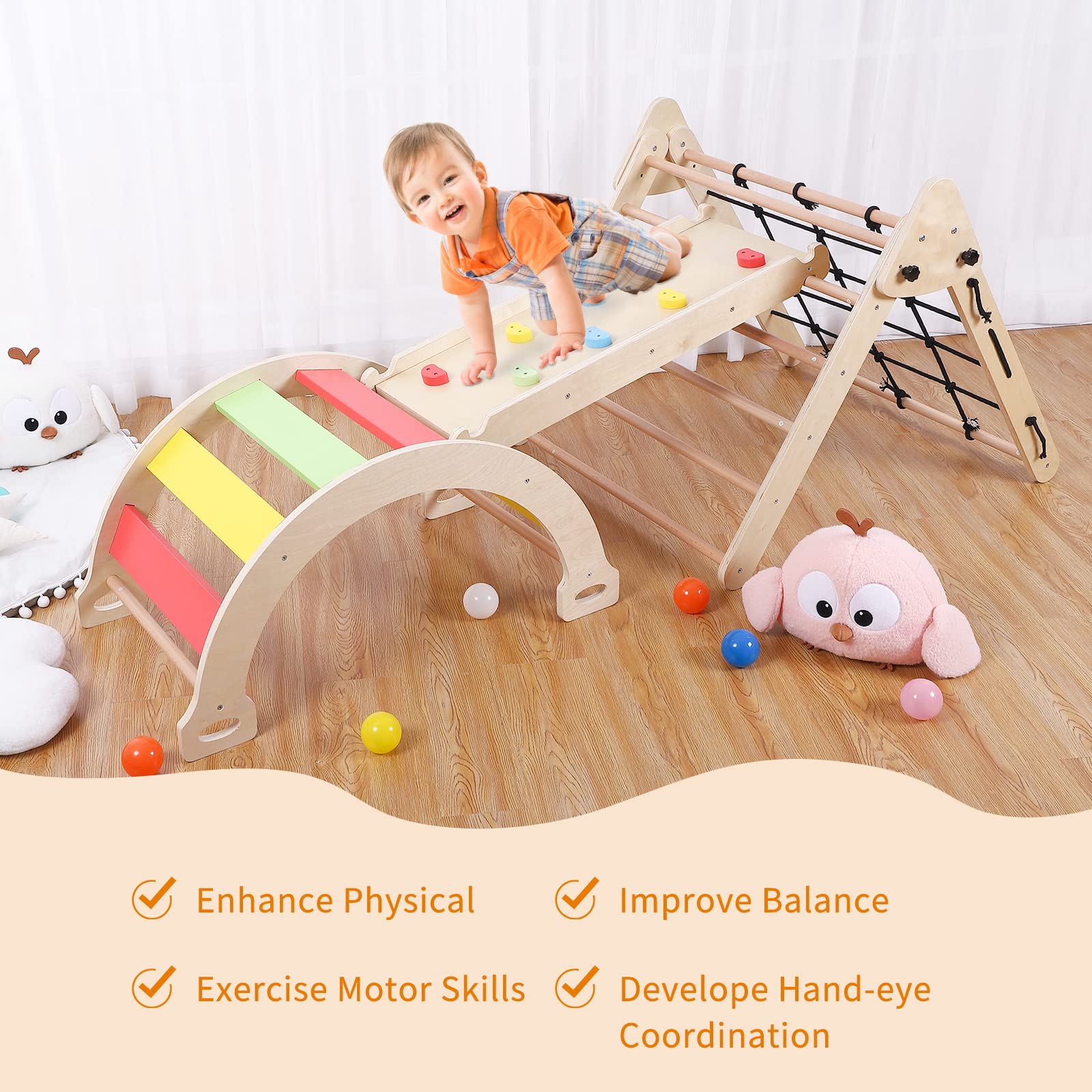 Garvee Toddler Indoor Gym Playset, 3 in 1 Wooden Climbing Toys, 3-Sided Wooden Triangle Climber with Climbing Net, Sliding Ramp & Board for Kids Boys Girls Indoor Gym Playset Gift, Home & Daycare