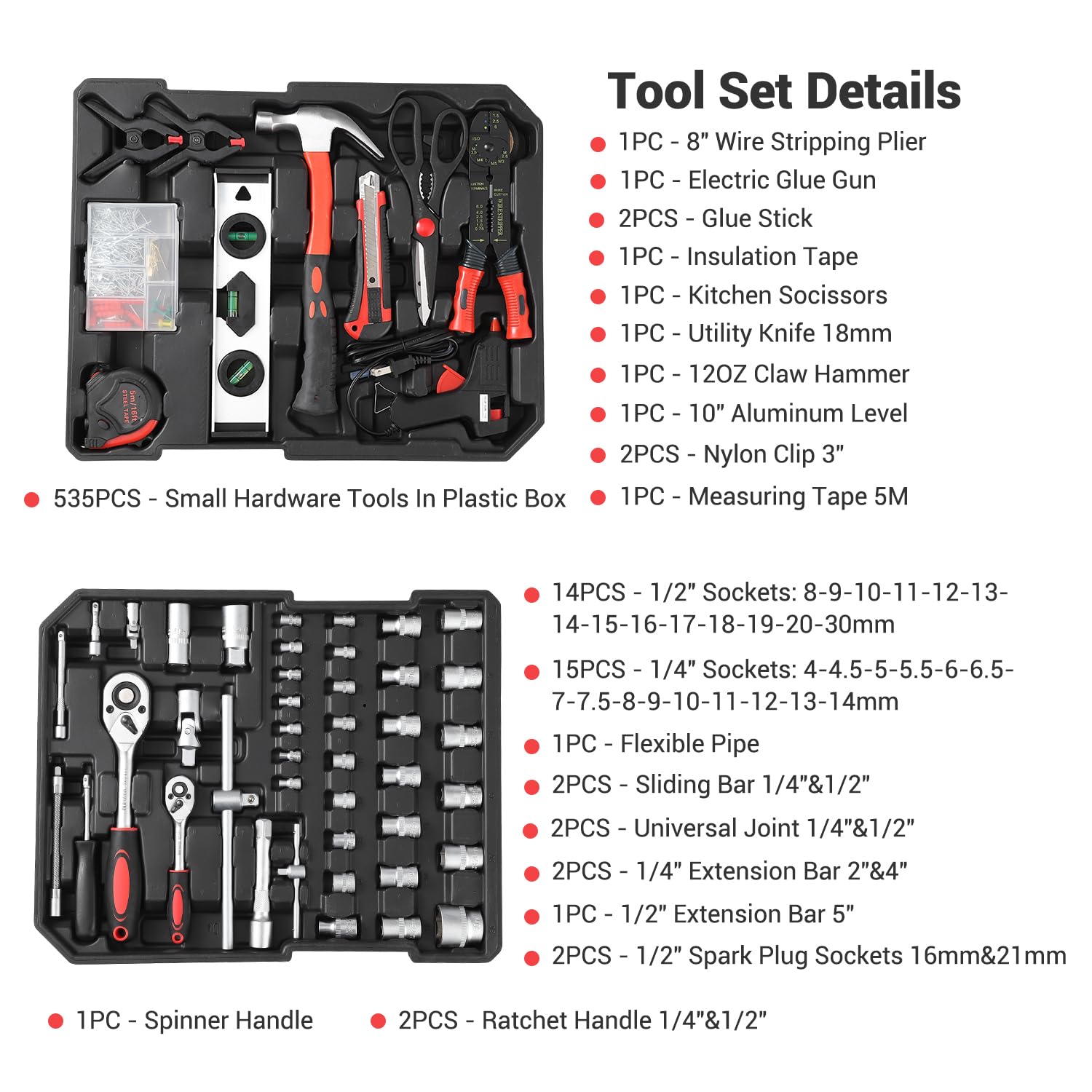 Garvee 800-Piece Tool Kit with Aluminum Trolley Case - Mechanic Rolling Tool Box, Socket Wrench Hand Tools, Household Repair Kit, and Tool Belt