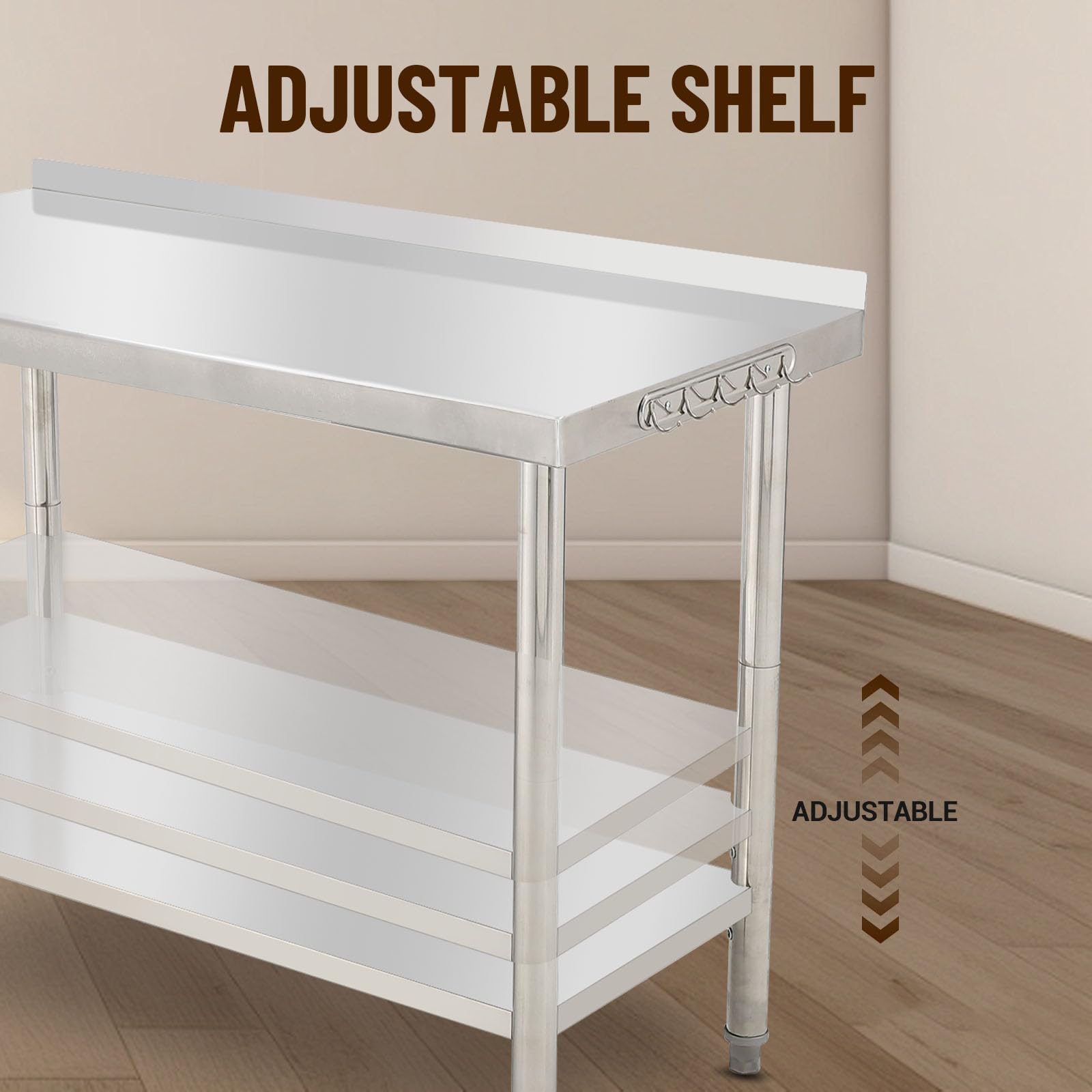 GARVEE 48"L x 24"W x 35"H Stainless Steel Work Table - Heavy-Duty Prep Table with Undershelf, Backsplash, and Hooks for High Load Bearing in Kitchen and Restaurant
