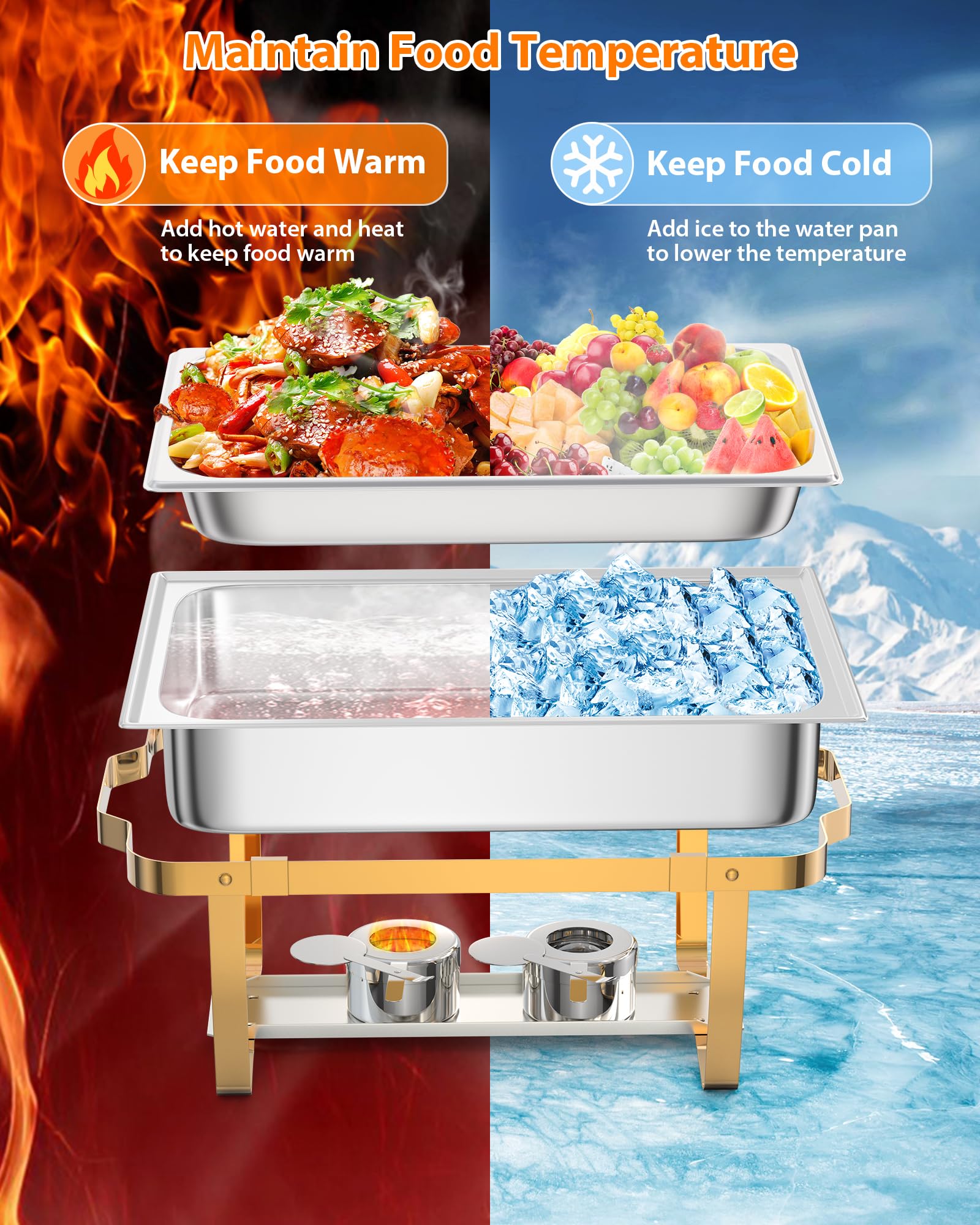 Garvee 8QT Chafing Dish Buffet Set (4-Pack) - Foldable Food Warmers with Spoons & Tweezers for Weddings, Parties, Banquets, and Catering Events (Gold)