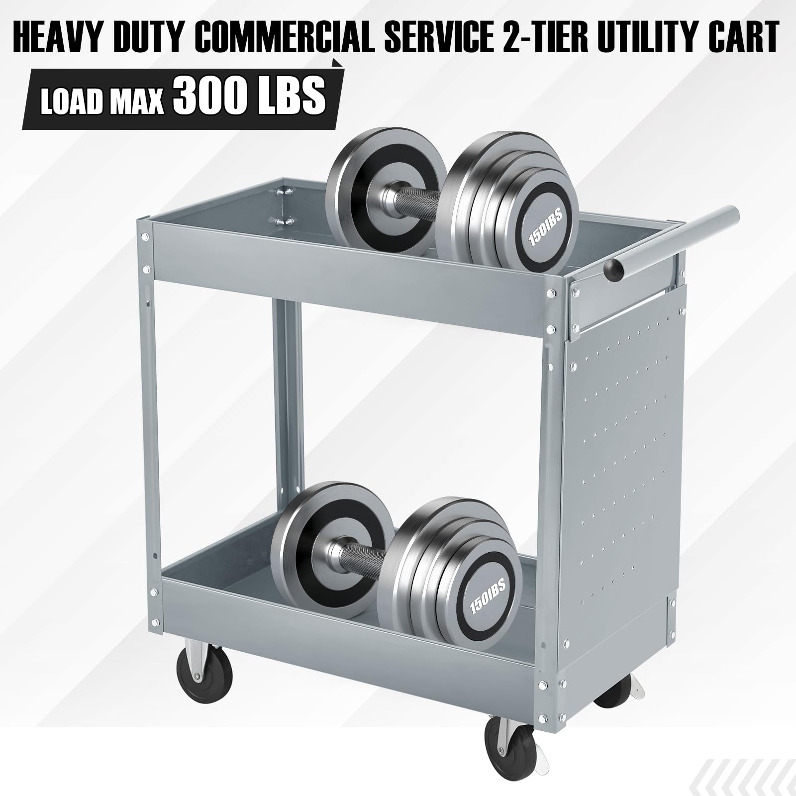 Garvee 2 Tier Rolling Tool Cart, 330 Lbs Metal Heavy Duty Utility Cart On Wheels, 2 Shelf Steel Utility Cart, Tool Storage Organizer for Mechanic, Garage, Workshop, Warehouse & Repair Shop