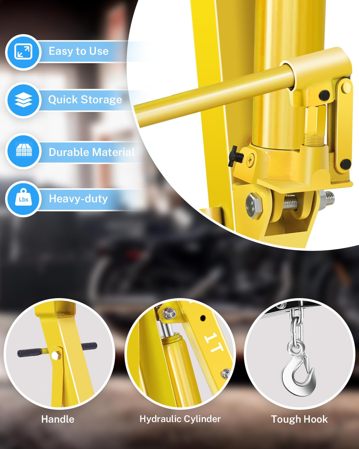Garvee 2-Ton Folding Engine Hoist Hydraulic Crane with 6 Swivel Wheels Adjustable Boom Reinforced Steel Rust-Resistant Portable Garage Workshop Yellow