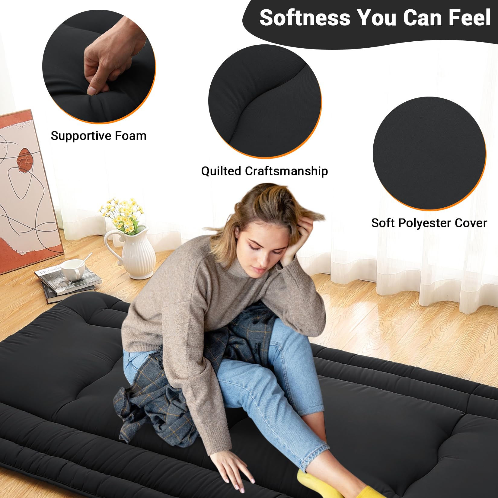 Garvee Futon Mattress Full Size, Foldable Sleeping Mattress Tatami Mattress for Adults, Roll Up Japanese Style Floor Bed Dormitory Floor Mattress for Rv Travel Camping, Black