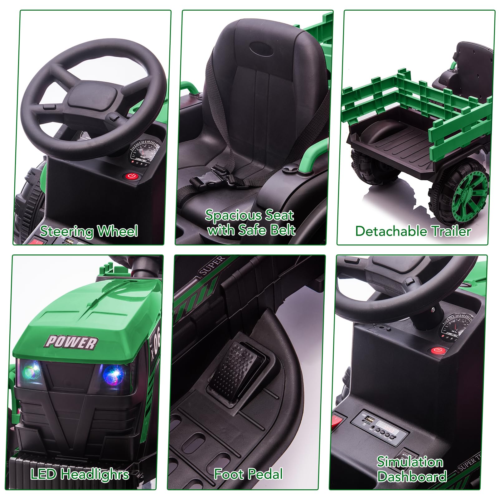 Garvee Ride - P Series: 12V Kids Ride On Tractor with Trailer, LED Lights, Battery Powered Toy Vehicle for Boys Girls, Outdoor Play Farm Truck Green