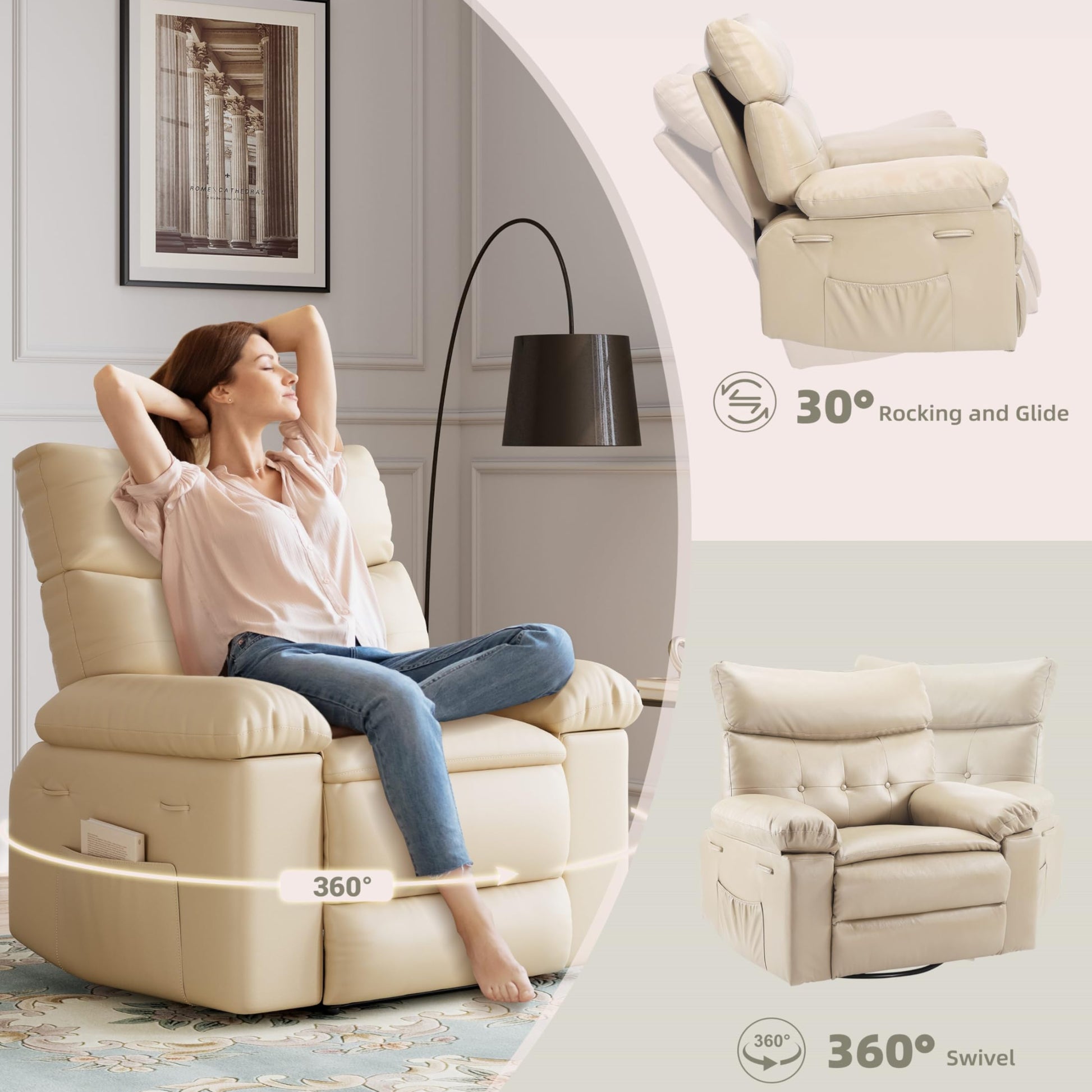 Garvee Oversized Wide Rocker Swivel Recliner Chair - PU Leather Large Manual Recliner for Adults, Ultimate Comfort Lazy Boy with 1.5X Sponge Filling and Easy Recline Mechanism for Relaxation