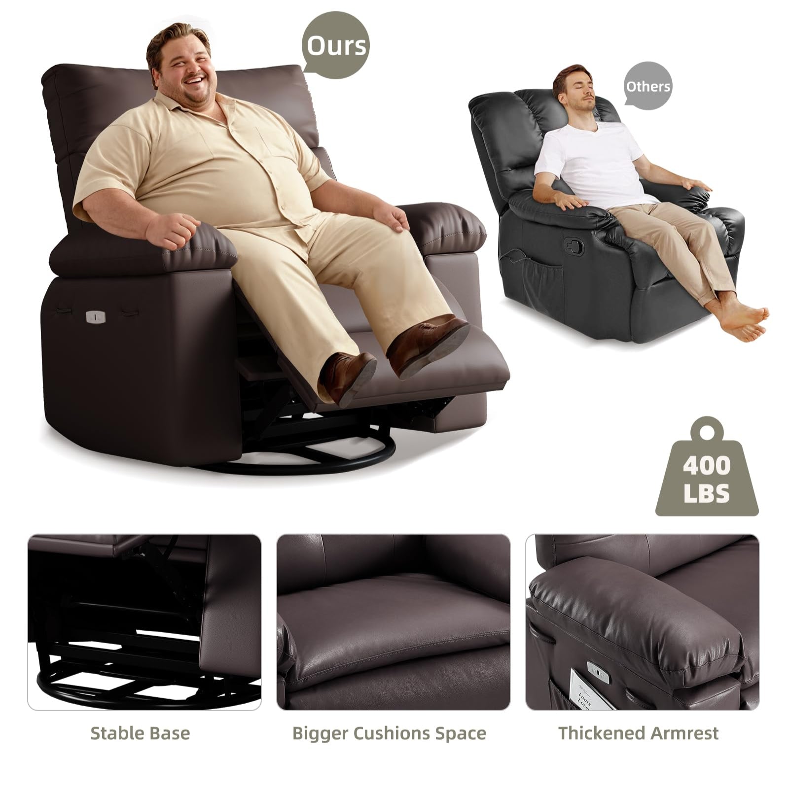 Garvee 22" Widen Rocker Swivel Recliner Chair, Lazy Boy for Adults, with Vibrating Massage and Heating, 1.5X Sponge Filling, Side Pocket, for Living Room, Bedroom, and Nursery