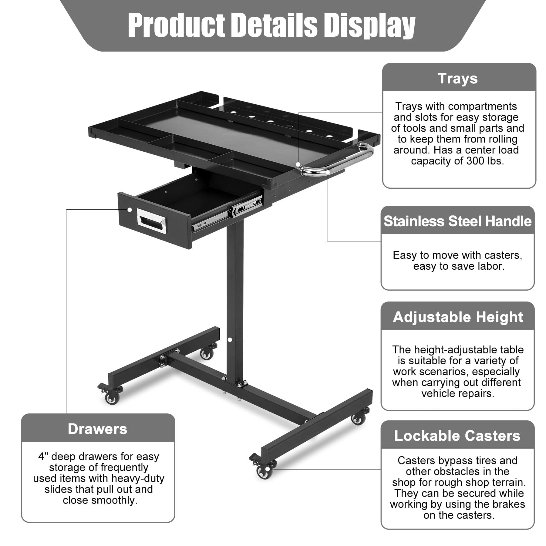 Garvee Rolling Work Table, Heavy Duty Steel Adjustable Mobile Workbench with Wheels, 35-45" Height, for Garage & Workshop, Black