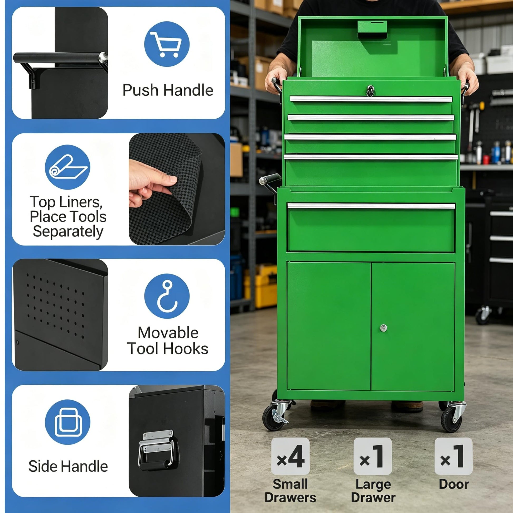 Garvee 20 Inch Heavy-Duty Tool Chest with 5 Drawers, Rolling Tool Box Cabinet on Wheels, 2-in-1 Detachable Tool Storage Organizer for Garage, Workshop, and Home Improvement, Locking Steel Tool Cart with Top Tool Box, Green