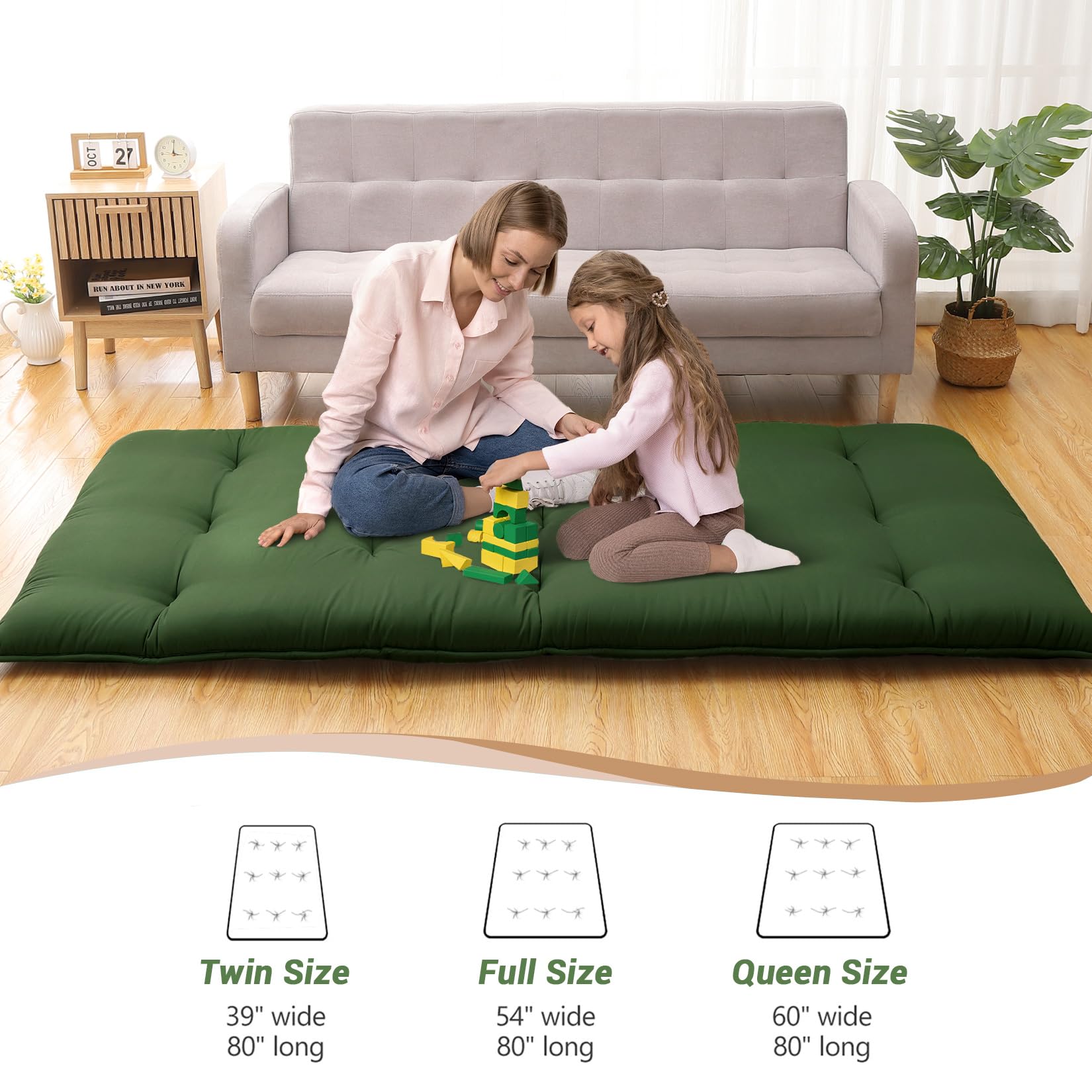 Garvee Japanese Futon Floor Mattress, Twin Size Futon Mattress Foldable Floor Bed Mattress, Roll Up Portable Sleeping Floor Mattress, Tatami Mat Kids Floor Play Mat, Army Green