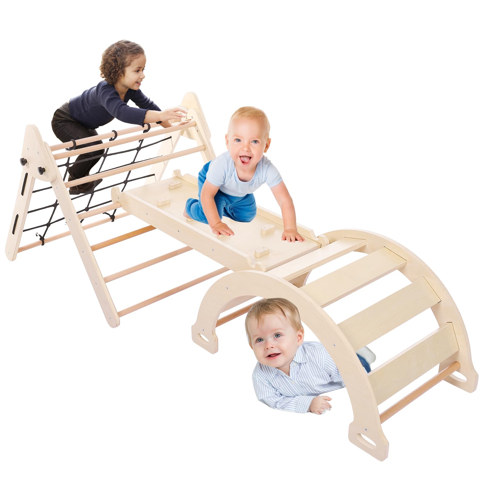 Garvee 3 in 1 Toddler Climbing Set, Jungle Gym for Toddlers - 3PCS Wooden Gym Playset with Triangle Folding Climbing Structure for Indoor Climbing and Sliding Fun