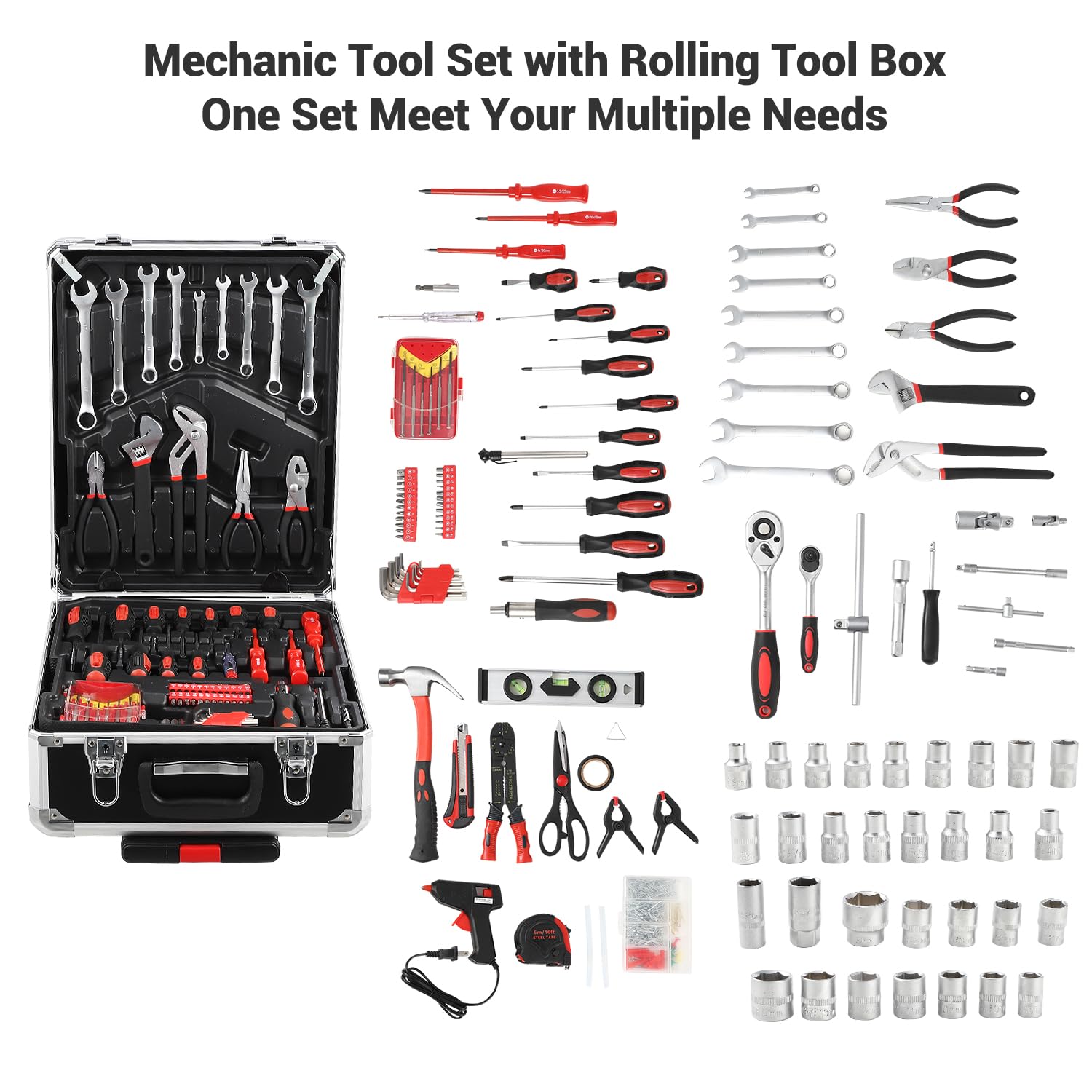 Garvee 800-Piece Tool Kit with Aluminum Trolley Case - Mechanic Rolling Tool Box, Socket Wrench Hand Tools, Household Repair Kit, and Tool Belt