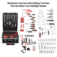 Garvee 800-Piece Tool Kit with Aluminum Trolley Case - Mechanic Rolling Tool Box, Socket Wrench Hand Tools, Household Repair Kit, and Tool Belt