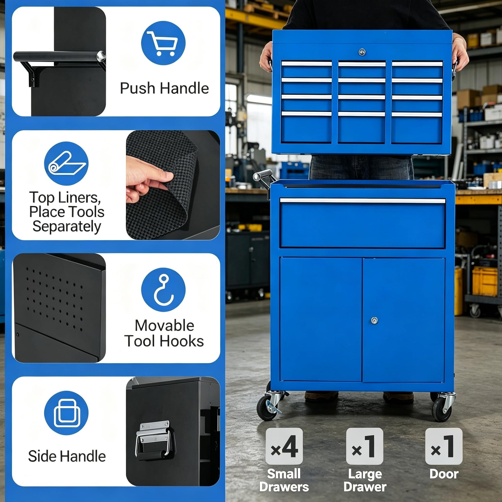 Garvee 20 Inch Heavy-Duty Tool Chest with 5 Drawers, Rolling Tool Box Cabinet on Wheels, 2-in-1 Detachable Tool Storage Organizer for Garage, Workshop, and Home Improvement, Locking Steel Tool Cart with Top Tool Box, Blue