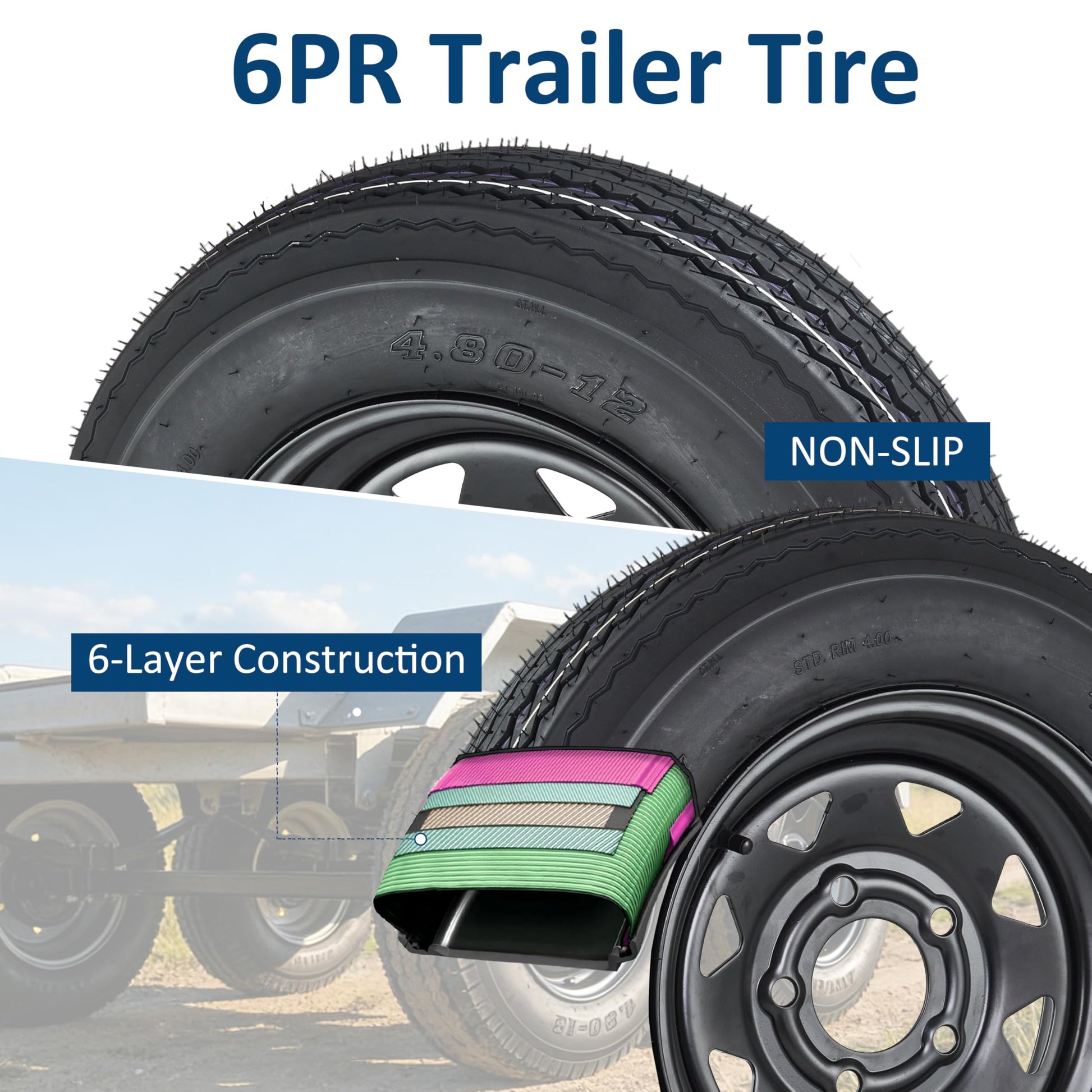 Garvee 4.80-12 Trailer Tires with 12 in Rims, 5 Lug, Load Range C, Multi-Function Lawn Mower & Tractor Tires, Black, 2 Pack