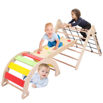 Garvee Toddler Indoor Gym Playset, 3 in 1 Wooden Climbing Toys, 3-Sided Wooden Triangle Climber with Climbing Net, Sliding Ramp & Board for Kids Boys Girls Indoor Gym Playset Gift, Home & Daycare