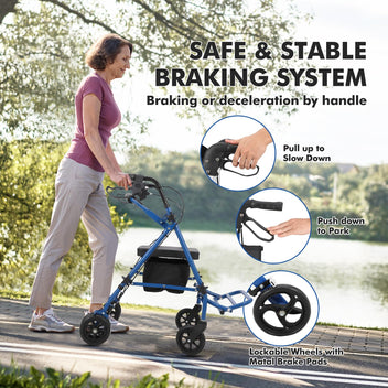 Garvee 2-in-1 Rollator Walker & Transport Wheelchair | 300lbs Capacity | Adjustable Height Mobility Aid for Seniors with Padded Seat & Foldable Footrest, Blue