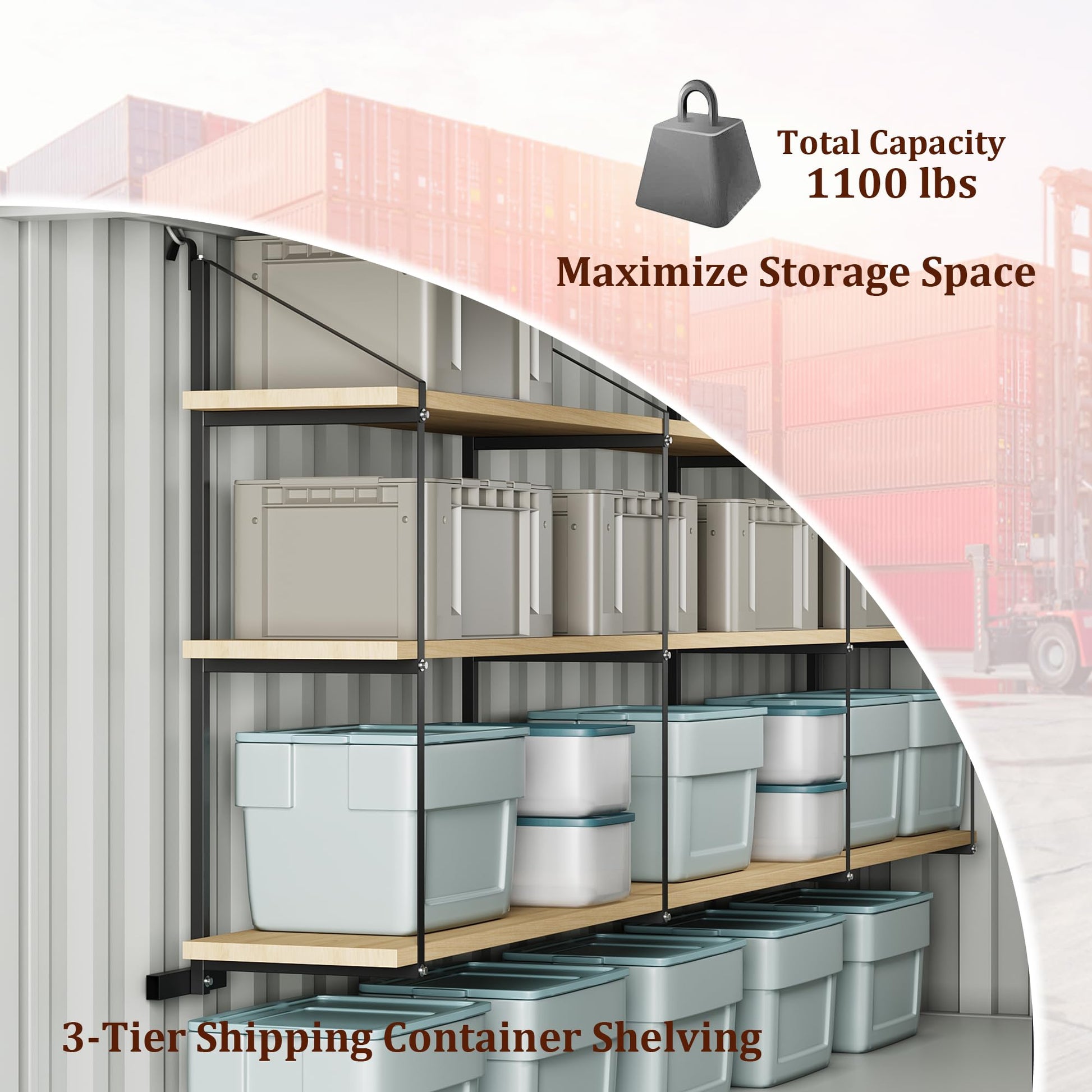 Garvee Shipping Container Shelving Brackets 4PCS, 3-Tier 22''D x 60''H Black Powder Coated Steel Shelf Support for Cargo Storage, Easy to Hang and Remove for Heavy Duty Containers, Workbenches
