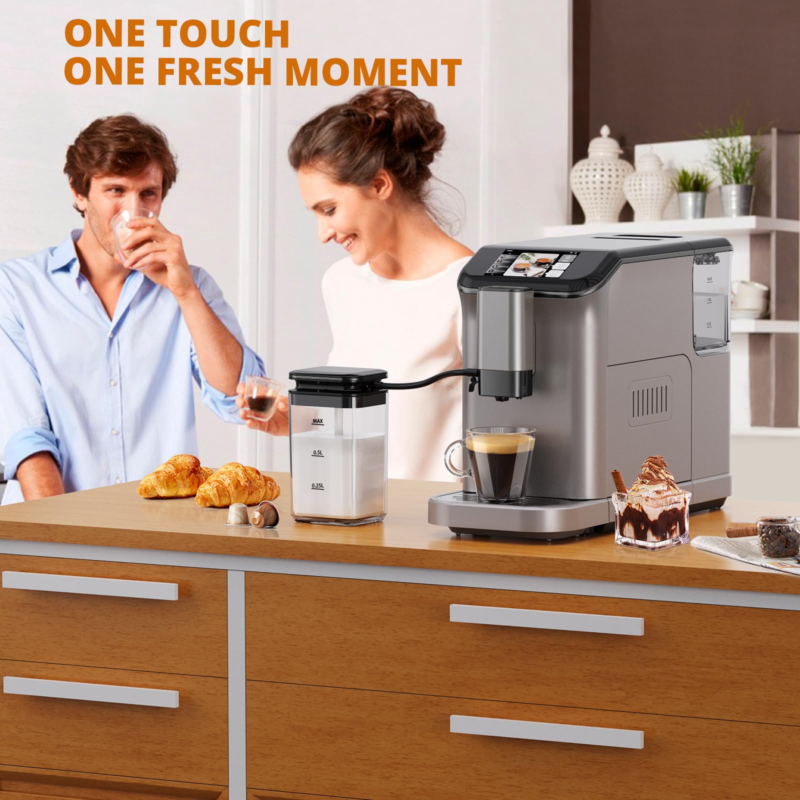 Garvee Fully Auto Espresso Machine - One - Touch, LCD Touch Control Panel，20 - Bar, Auto Milk Froth, Dual Boiler, Compact, Gun Color