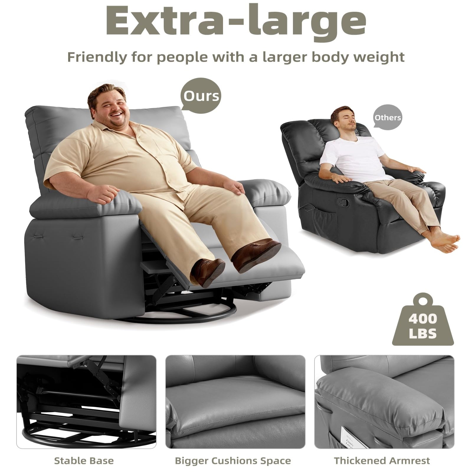 Garvee Oversized Wide Massage Recliner Chair, PU Leather Large Manual Recliner for Adults, Ultimate Comfort Lazy Boy with 1.5X Sponge Filling and Easy Recline Mechanism for Relaxation, Grey