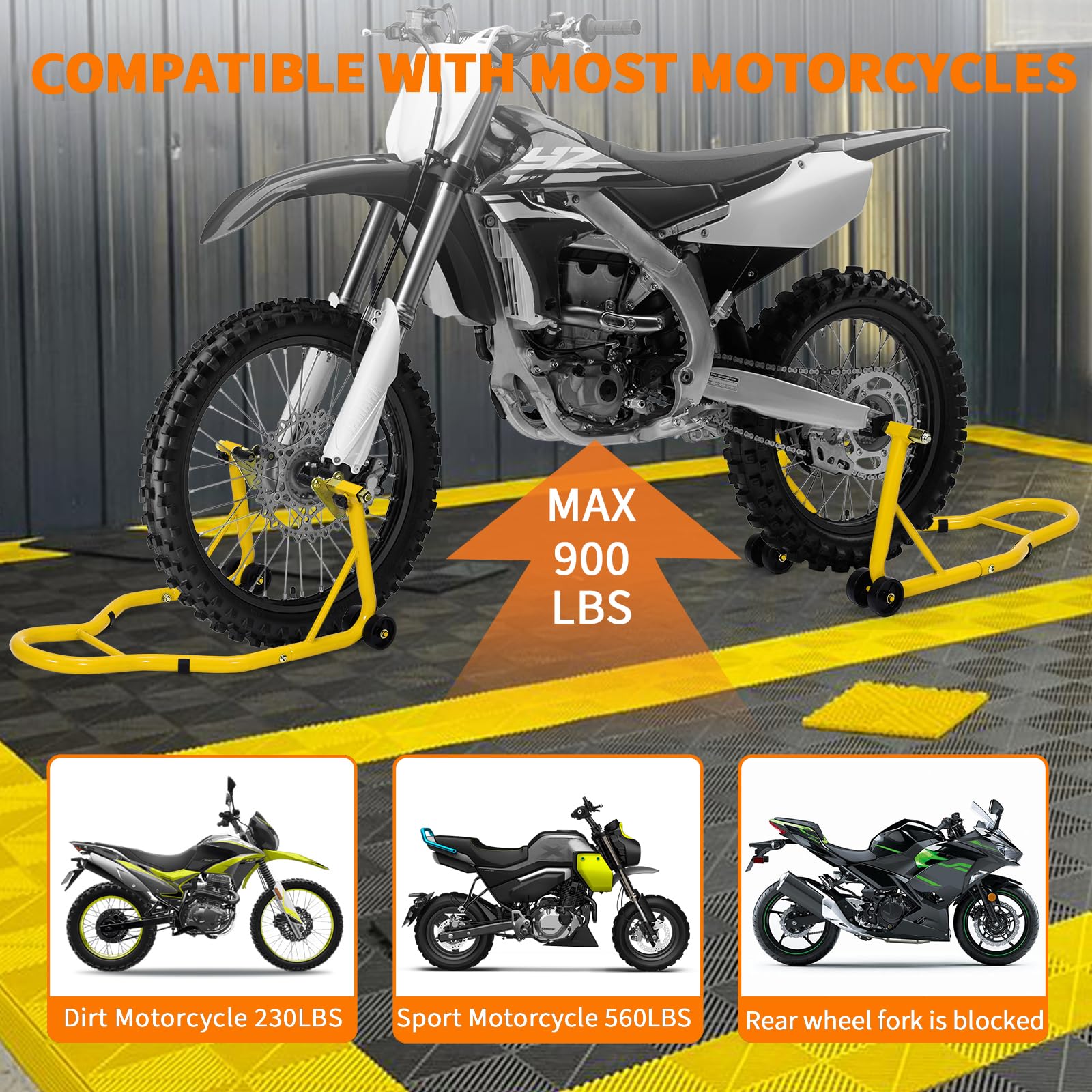Garvee Heavy Duty Motorcycle Stand Lift - 900 lbs Capacity, Adjustable Universal Fit, Steel Frame, Front & Rear Combo, Yellow, for Repairs & Storage