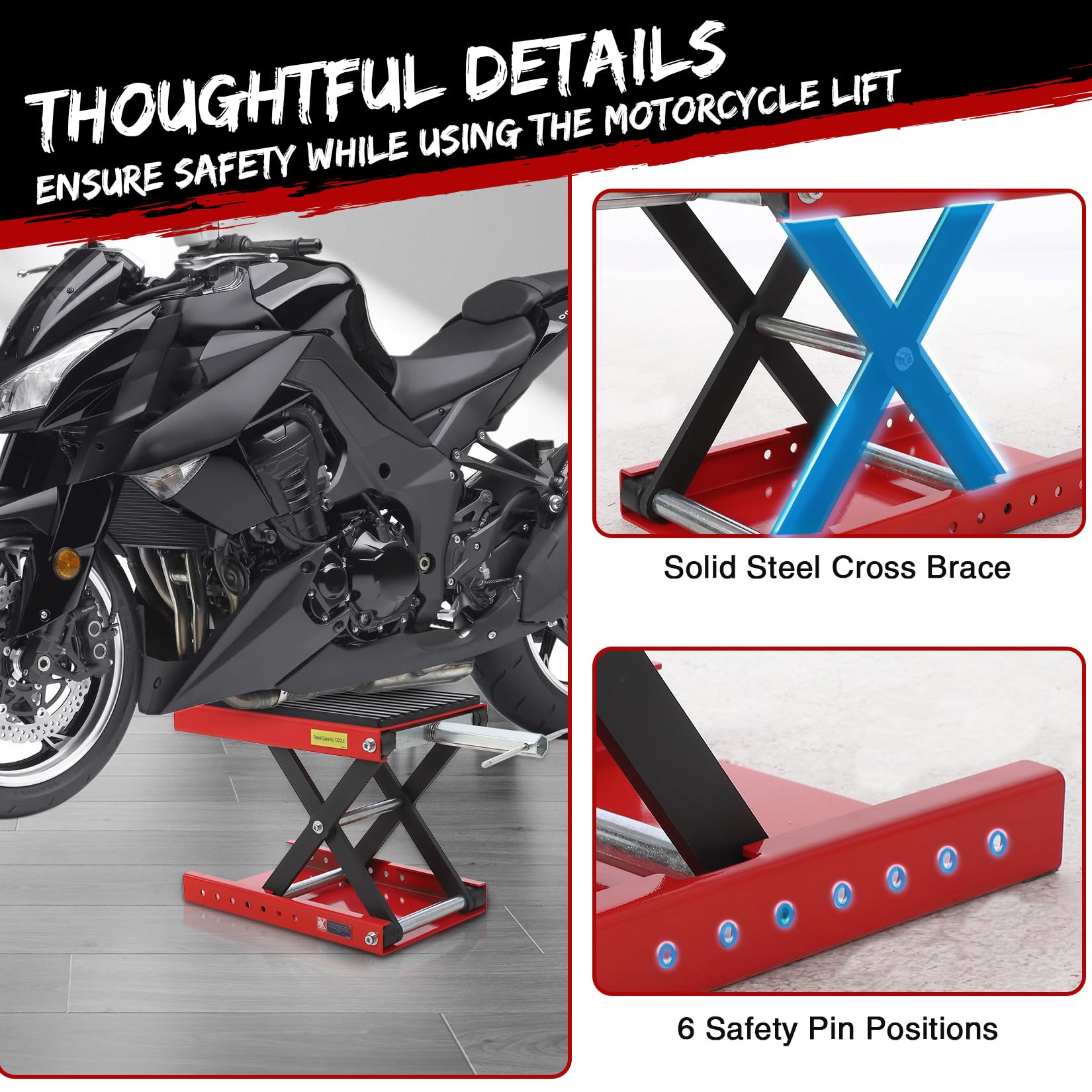 Garvee 1200lbs Motorcycle Lift Scissor Jack, Heavy-Duty Steel Hoist Stand with 3.7"-14.2" Adjustable Height, 11.5mm Thickened Rubber Pad, and Safety Pin for Dirt Bikes, ATVs, Garage Repairs