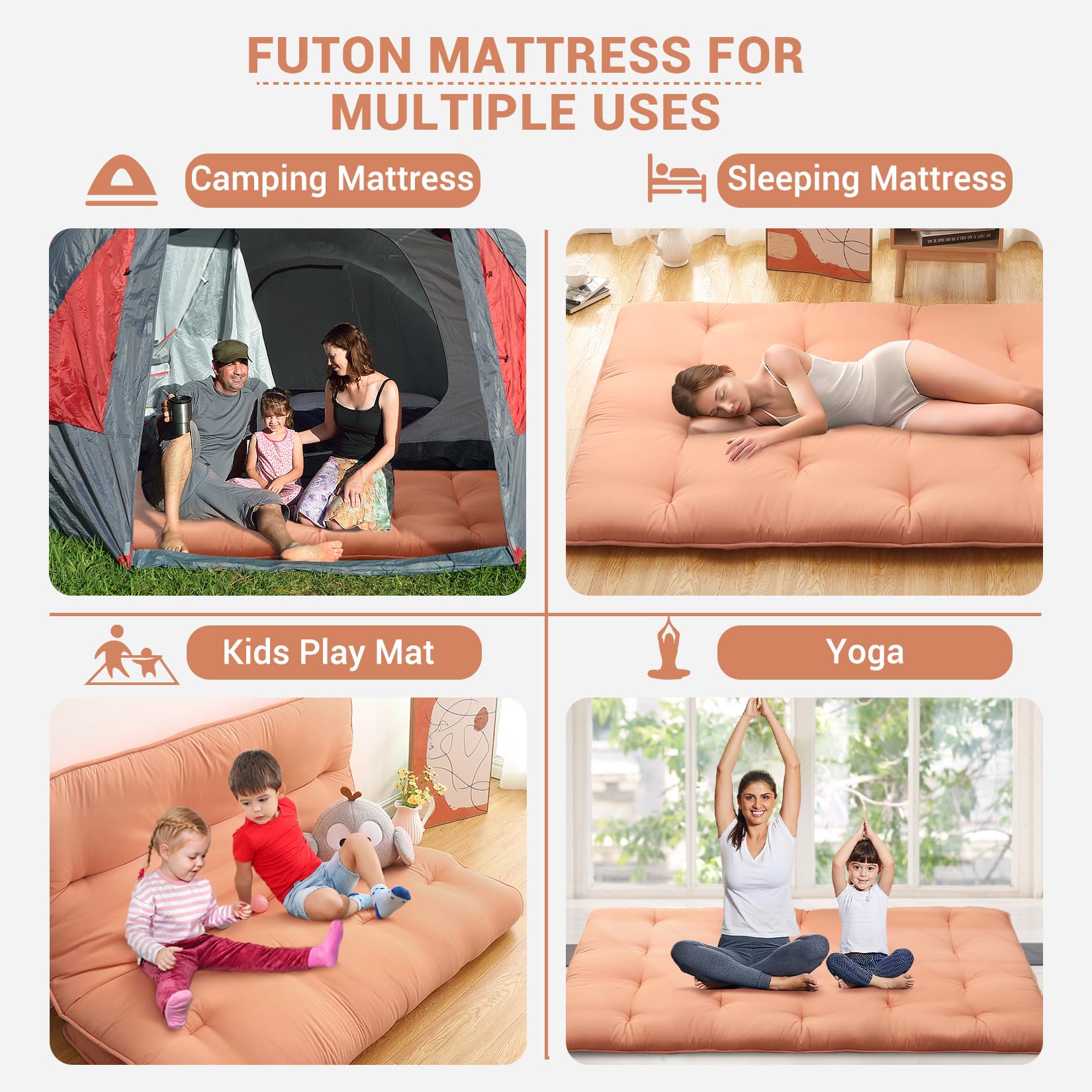 Garvee Japanese Futon Floor Mattress, Futon Mattress Full Size Foldable Floor Bed Mattress, Tatami Mat for House Guest Dorm Roll Up Sleeping Floor Mattress, Coral