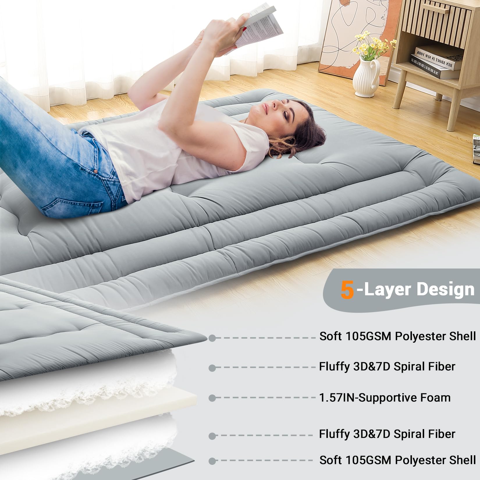 Garvee Futon Mattress Full Size, Foldable Sleeping Mattress Tatami Mattress for Adults, Roll Up Japanese Style Floor Bed Dormitory Floor Mattress for Rv Travel Camping, Light Grey