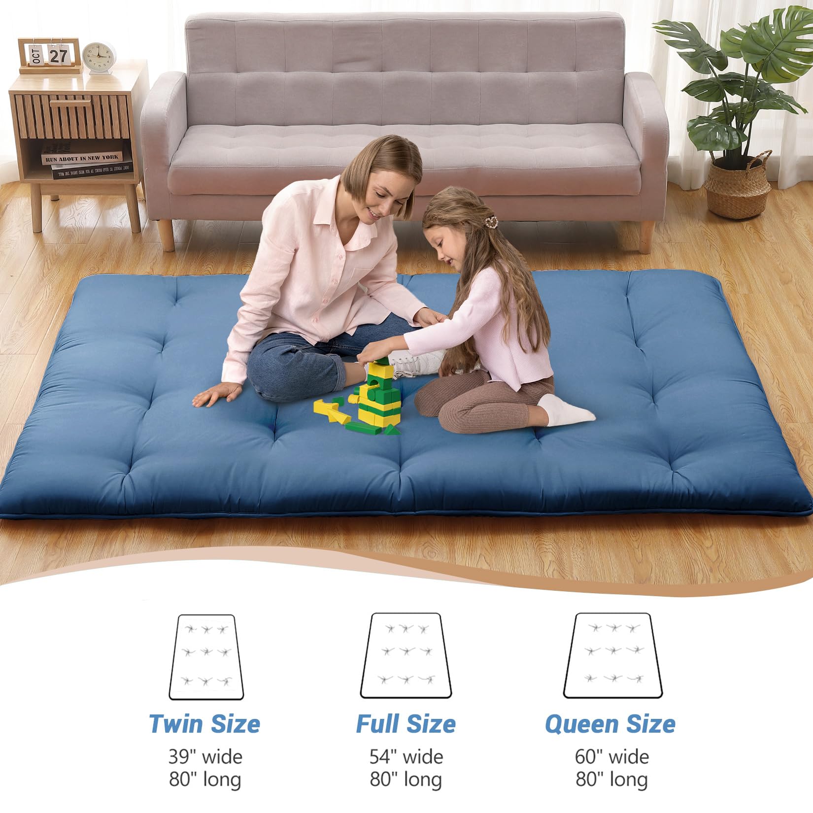 Garvee Futon Mattress, Japanese Floor Mattress Full Size Floor Mat for Sleeping Adult Size, Foldable Tatami Mattress Roll Up Floor Bed Mattress for House Guest Camping Dorm, Navy Blue