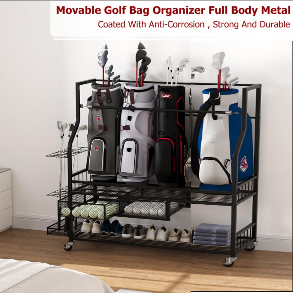 Garvee Golf Bag Storage Garage Organizer,Golf Bag Storage Rack w/Drawer for Golfing Bags, Clubs, Balls, Gadgets, Accessories & Equipment,Golf Bag Stand w/Wheels for Home, Golf Course