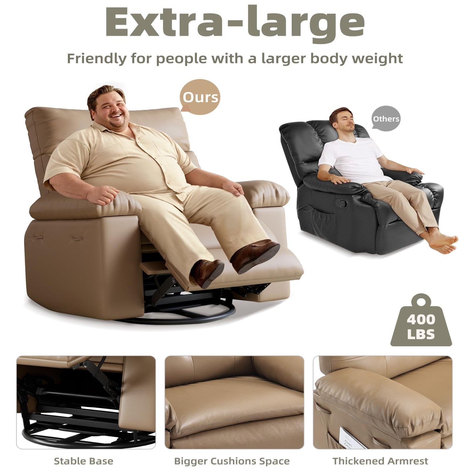 Garvee Oversized Wide Massage Recliner Chair, PU Leather Large Manual Recliner for Adults, Ultimate Comfort Lazy Boy with 1.5X Sponge Filling and Easy Recline Mechanism for Relaxation, Tan