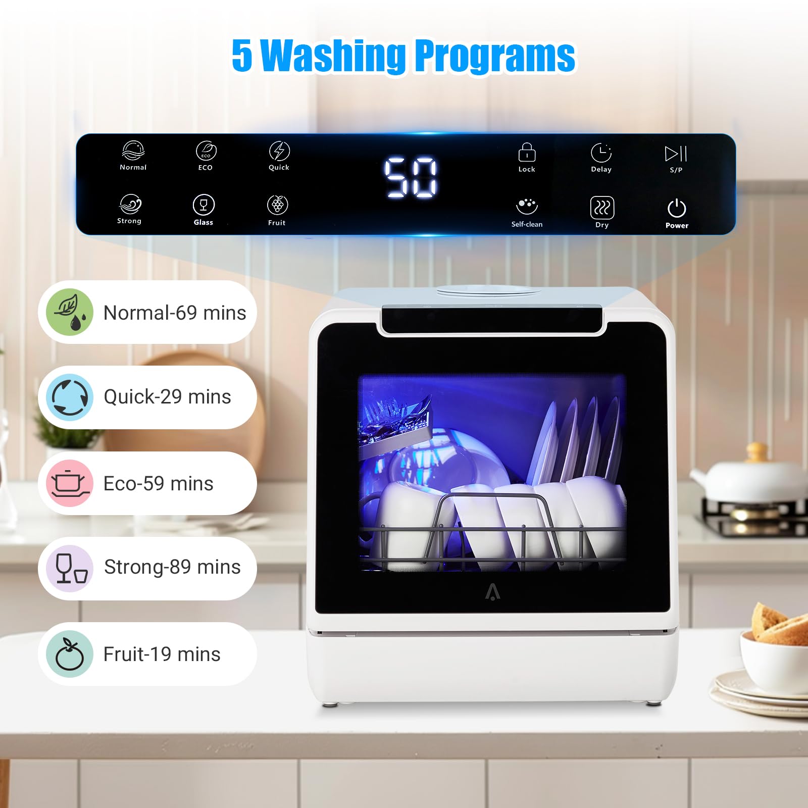 Garvee Dishwasher, Countertop Dishwashers, 5 Washing Programs Mini Dishwasher with 5L Built-in Water Tank, Dishwasher Machine 360° Dual Spray, Tabletop Dishwasher with High-Temp & Air-Dry Function
